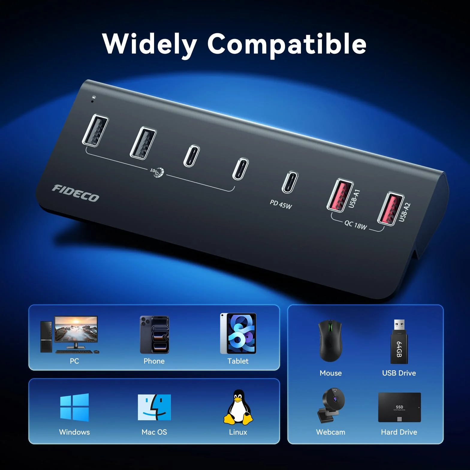 FIDECO 7-portowy hub USB 72 W, hub USB C z 1 PD 45 W, 2 portami ładowania QC 3.0 i 4 portami USB 3.2 (2 USB A + 2 USB C), aluminiowy hub USB 10 Gb/s do laptopa, komputera, MacBooka, iPhone'a 17/16/15
