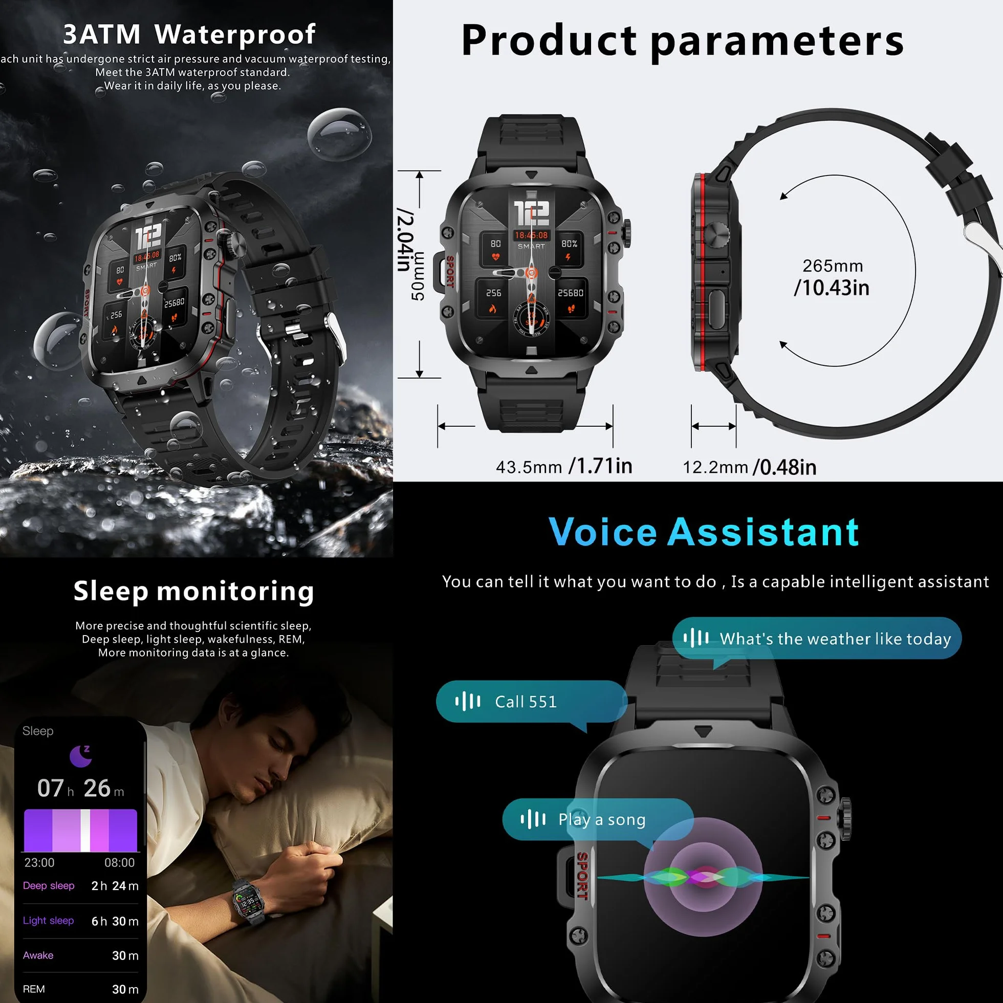 Smartwatch męski z funkcją telefonu, 5 ATM, wodoszczelny 1,96" HD zegarek sportowy z Bluetooth i połączeniami telefonicznymi, monitor tętna, monitorem snu, krokomierzem