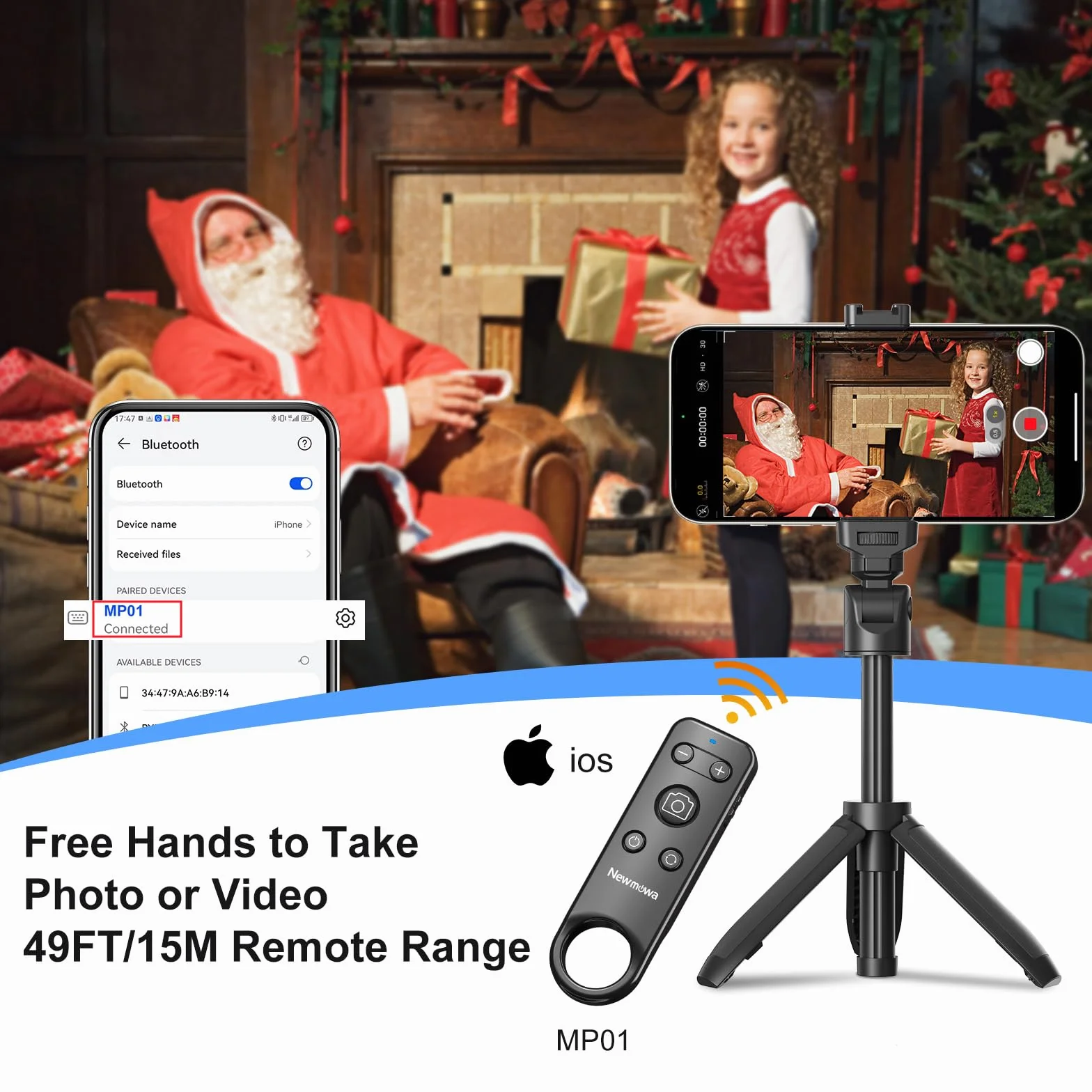Newmowa Pilot Bluetooth do zdjęć z zoomem dla iPhone (NIE dla iOS 26) | Nagrywanie Wideo/Robienie zdjęć/Przełączanie Kamer akumulatorowy,ładowalny Przenośny Pilot Migawki do Selfie Vlog Podróży