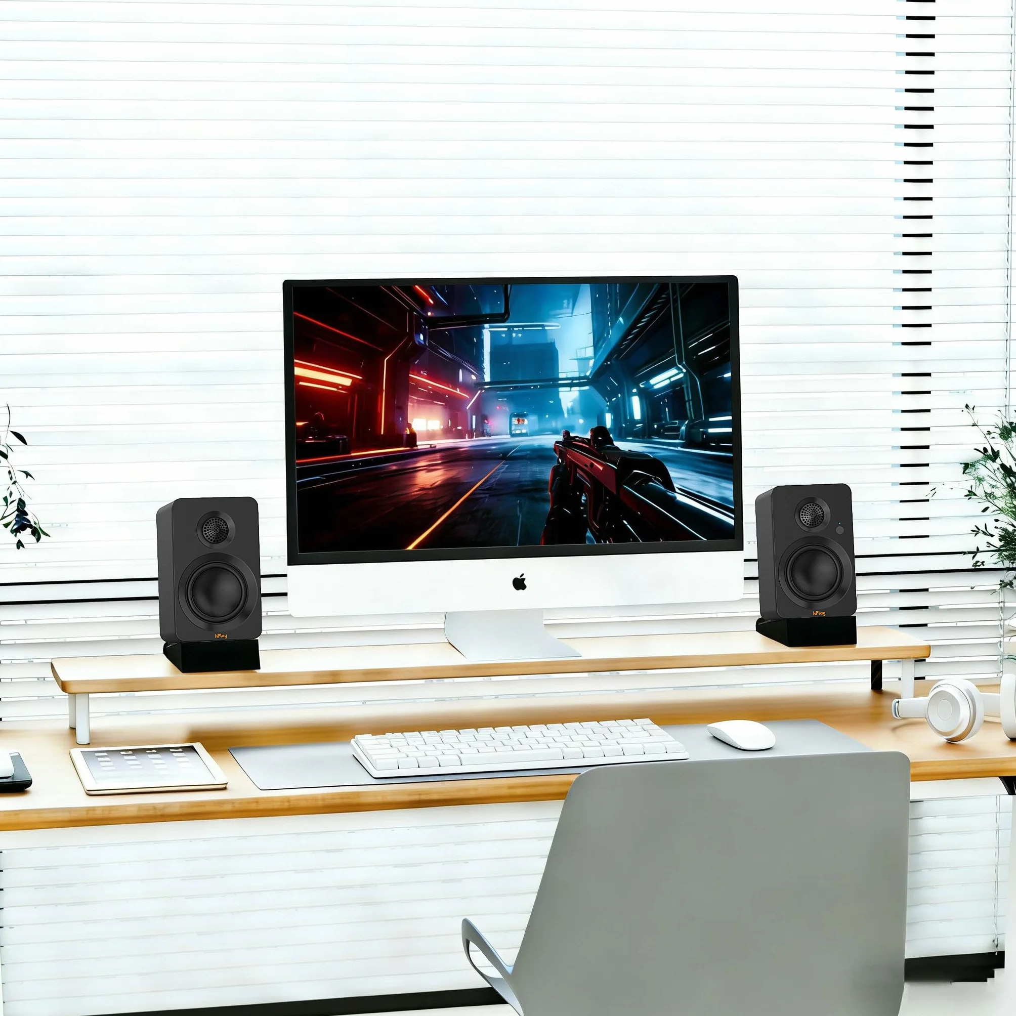 hPlay BS32B głośnik aktywny – 60 W głośnik PC z Bluetooth 5.3, karta dźwiękowa USB-C, wyjście subwoofera i pilot zdalnego sterowania, płyta absorbująca, kompaktowe głośniki regałowe (czarny)