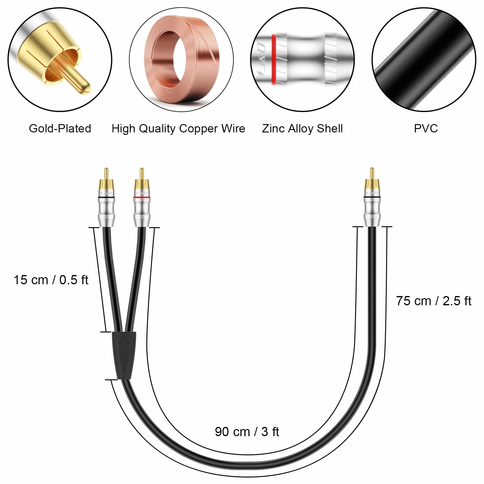 J&D Kabel RCA, 1 na 2 wtyki rozdzielacz Y, cyfrowy kabel stereo do subwoofera, kina domowego, 0,9 m