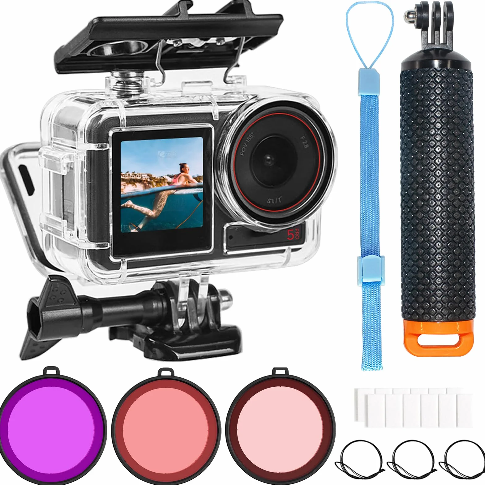 OKFUN 50M/164FT wodoodporna obudowa podwodna z 3-pakietem filtrów do DJI OSMO Action 5 Pro Action 4 Action 3, chroniąca skorupka, statyw jednożyłowy, pływający uchwyt, pręt