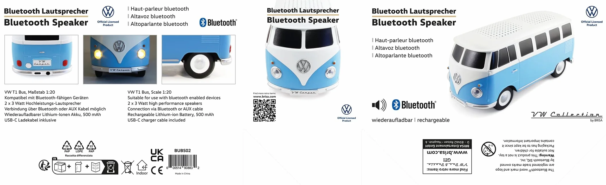 BRISA VW Collection - Volkswagen T1 Bulli Bus przenośny głośnik Bluetooth, bezprzewodowy/bezprzewodowy o doskonałej jakości dźwięku i wyjątkowym wzornictwie (skala: 1:20 I niebieski/biały)