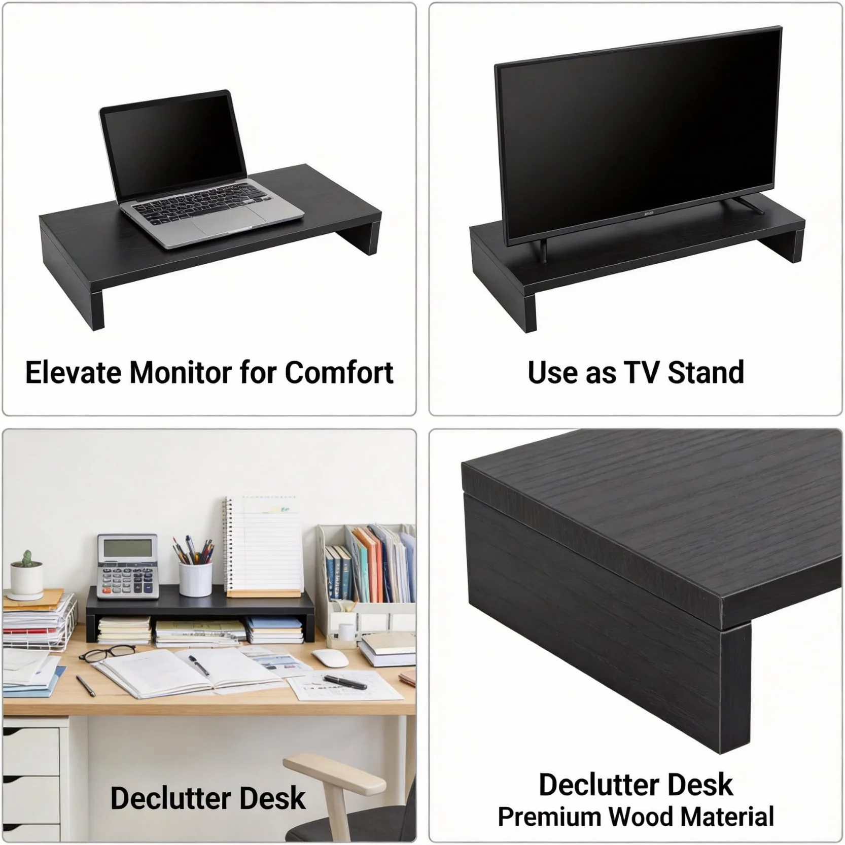 Podstawka pod monitor z drewna, organizer na biurko, LED, LCD, podwyższenie monitora komputera, notebooka, TV, uchwyt, organizer, regał, 50 x 20 x 7,7 cm (czarny)