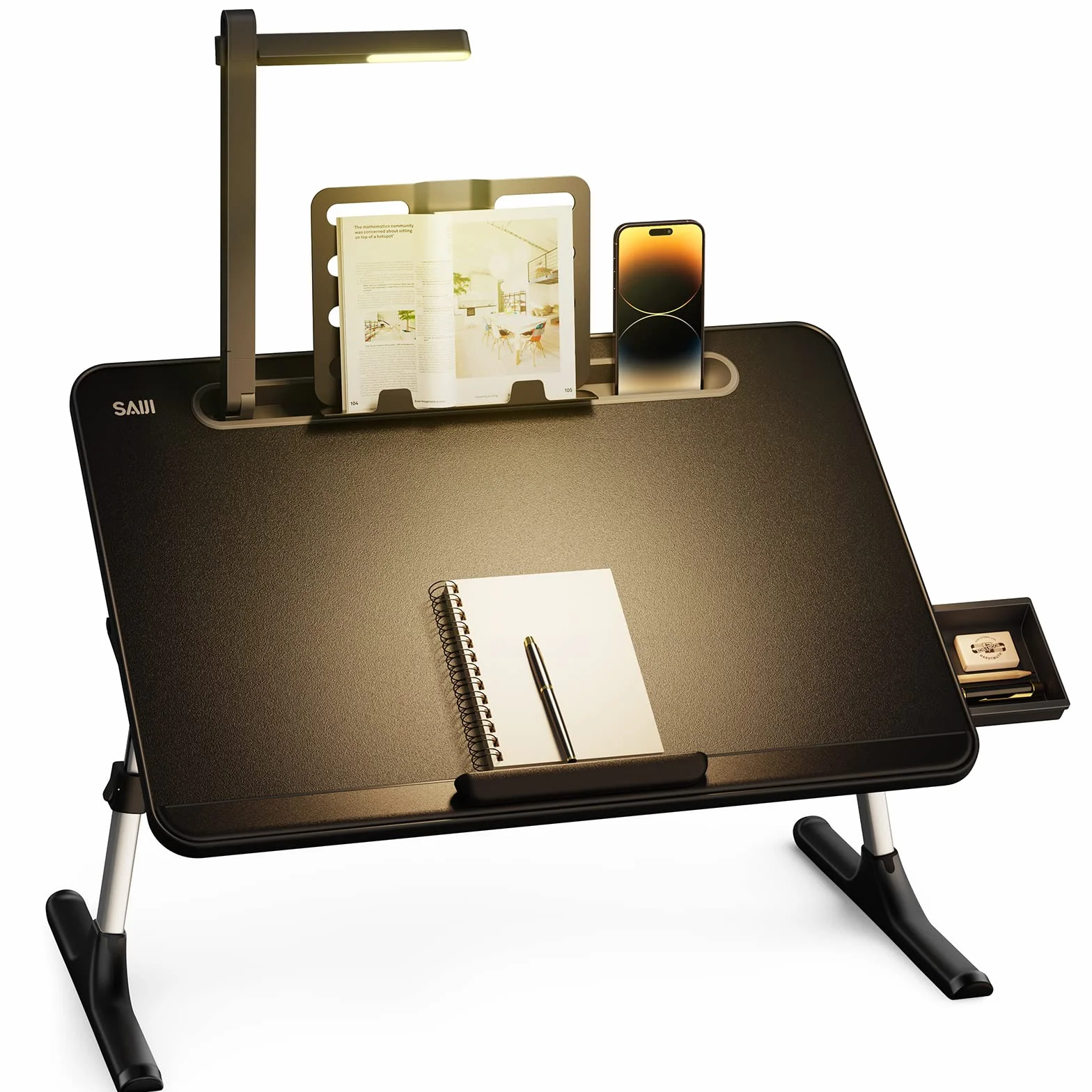 SAIJI Stolik pod laptopa z lampką LED, regulowany kąt wysokości, stojak na książki, na tablet, z nóżkami