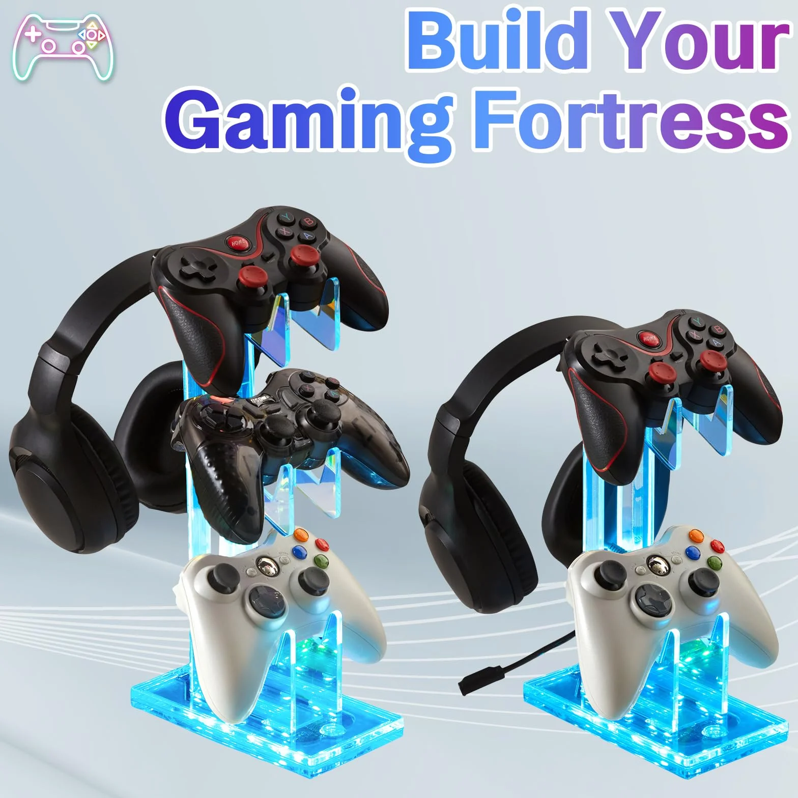 Uchwyt na kontroler do gier z jasnymi, kolorowymi akrylowymi słuchawkami, stojak z 3 trybami, 7 kolorów, port ładowania USB do PS4, PS5, PC, uniwersalna konstrukcja (3 poziomy ze światłami)