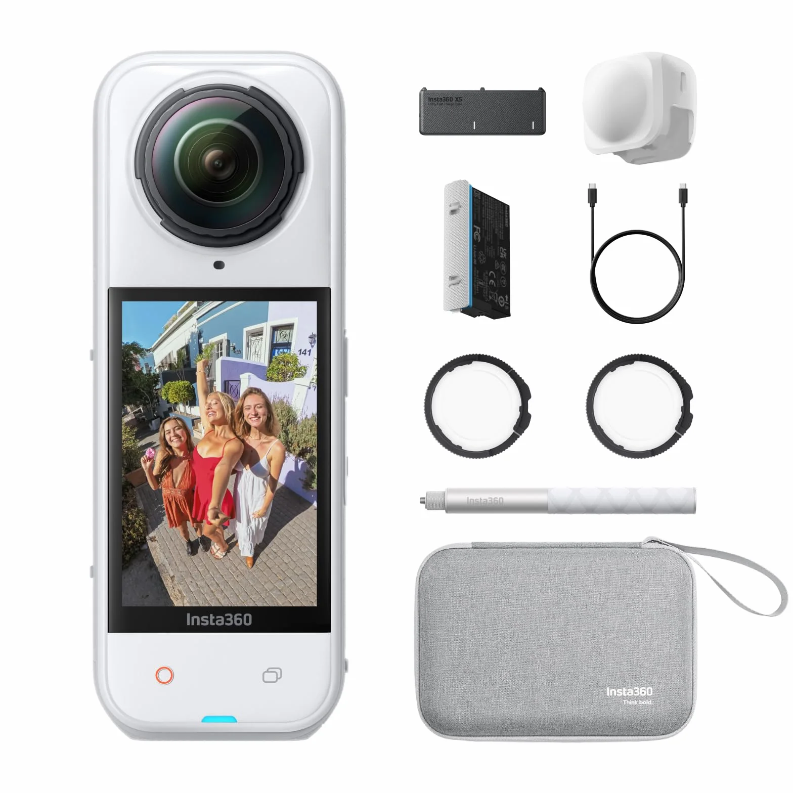 Insta360 X5 Zestaw Essential White Satin White - wodoodporna kamera 360 8K, niskie światło wskazujące, niewidoczny kijek do selfie, solidne i wymienne obiektywy, 3 godziny pracy na baterii