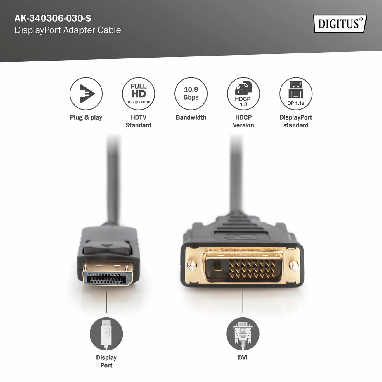 DIGITUS Kabel adaptera DisplayPort – DP – DVI (24+1) – Full HD 1080p/60 Hz – Displayport 1.1a – 3m – z blokadą – odpowiedni do monitorów, kart graficznych – czarny