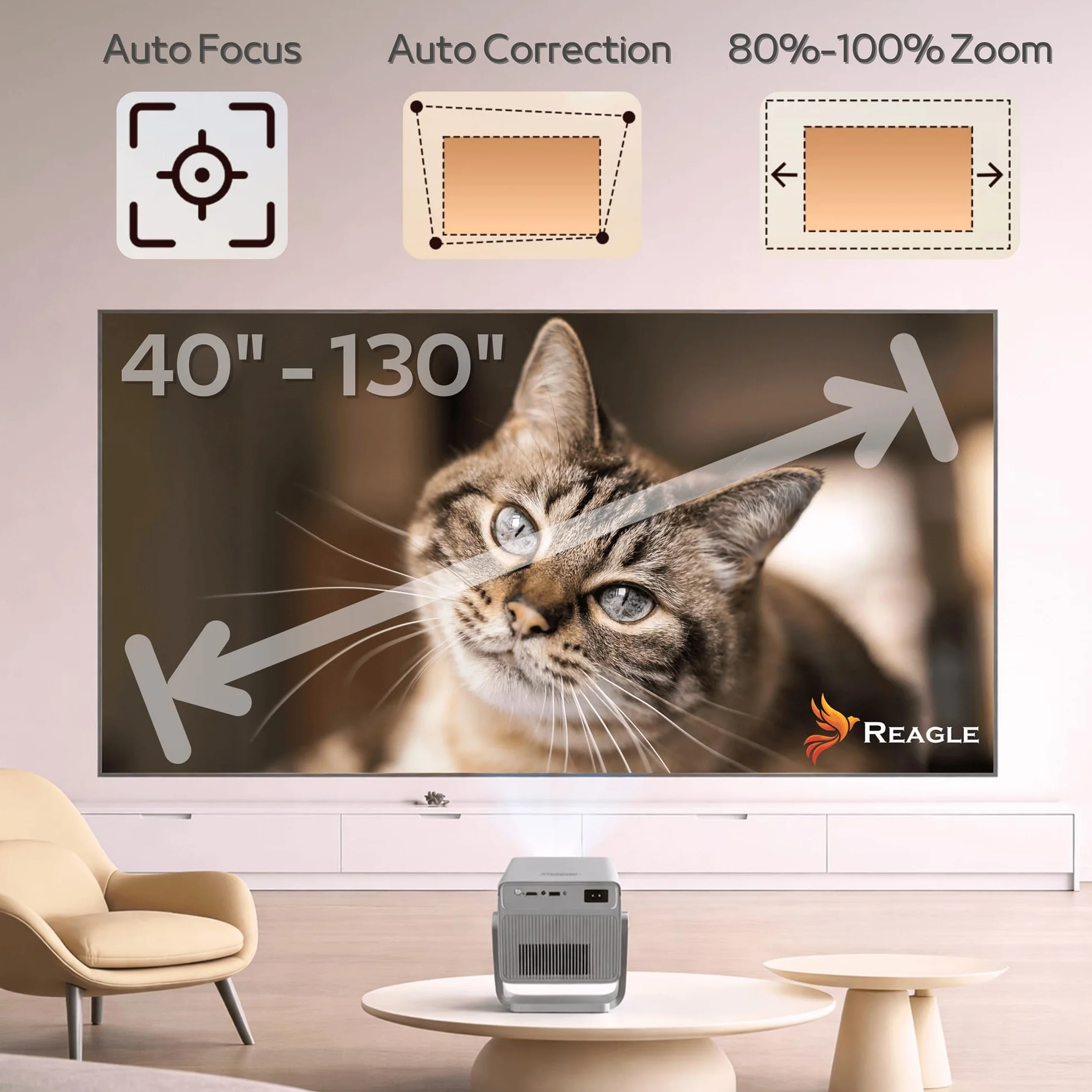 Reagle Projektor LED 1000 ANSI Full HD 1080p R-MOVIELUM-P50 z Autofokusem Upscaling Do 4K 8K, ANDROID 14 Smart TV WiFi BT 5.4, 130 Cali, Przenośny Rzutnik Do Kina Domowego Gamingu Laptop Telefon