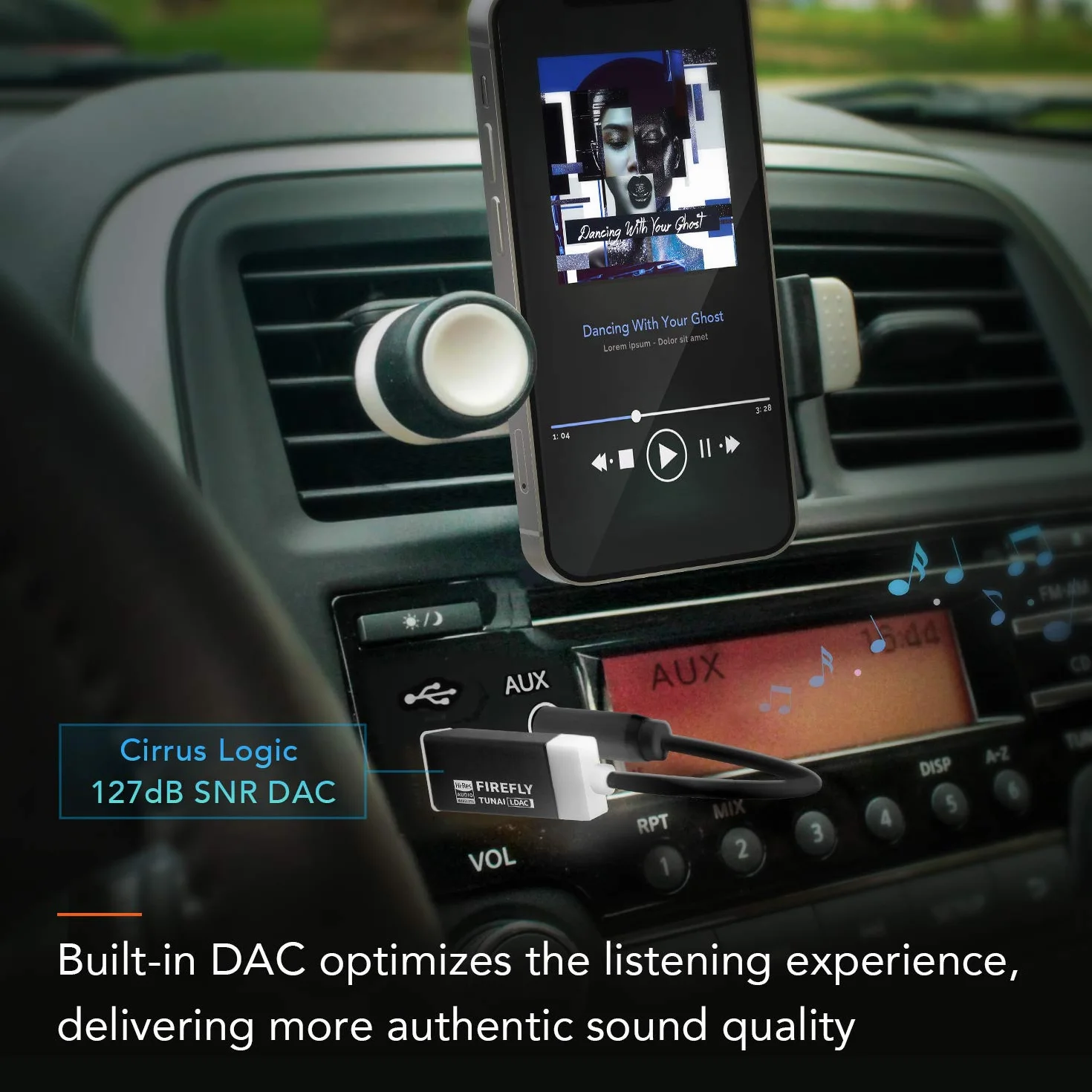 TUNAI Firefly LDAC Adapter odbiornika Bluetooth- bezprzewodowy adapter Bluetooth 5.0 do muzyki w samochodzie z USB DAC i złączem AUX 3,5 mm - automatyczne połączenie, nie wymaga ładowania