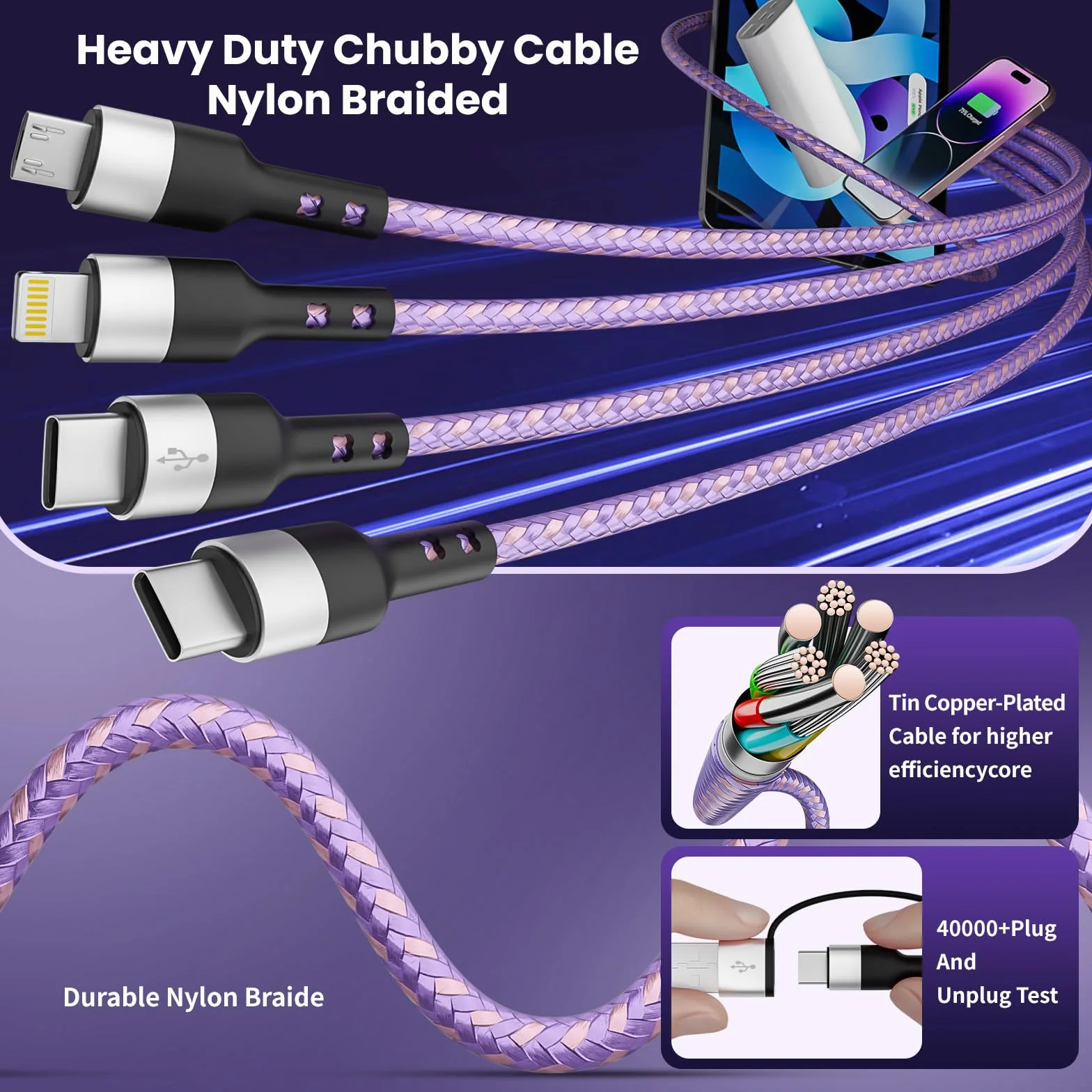 Stocking Stuffers 4 w 2 Multiple kabel ładujący z podwójnym USB C, IP i micro USB, ładowarkami do wielu urządzeń, kabel USB A/C do iPhone'a 17-11, Android, iPada, ładowania i