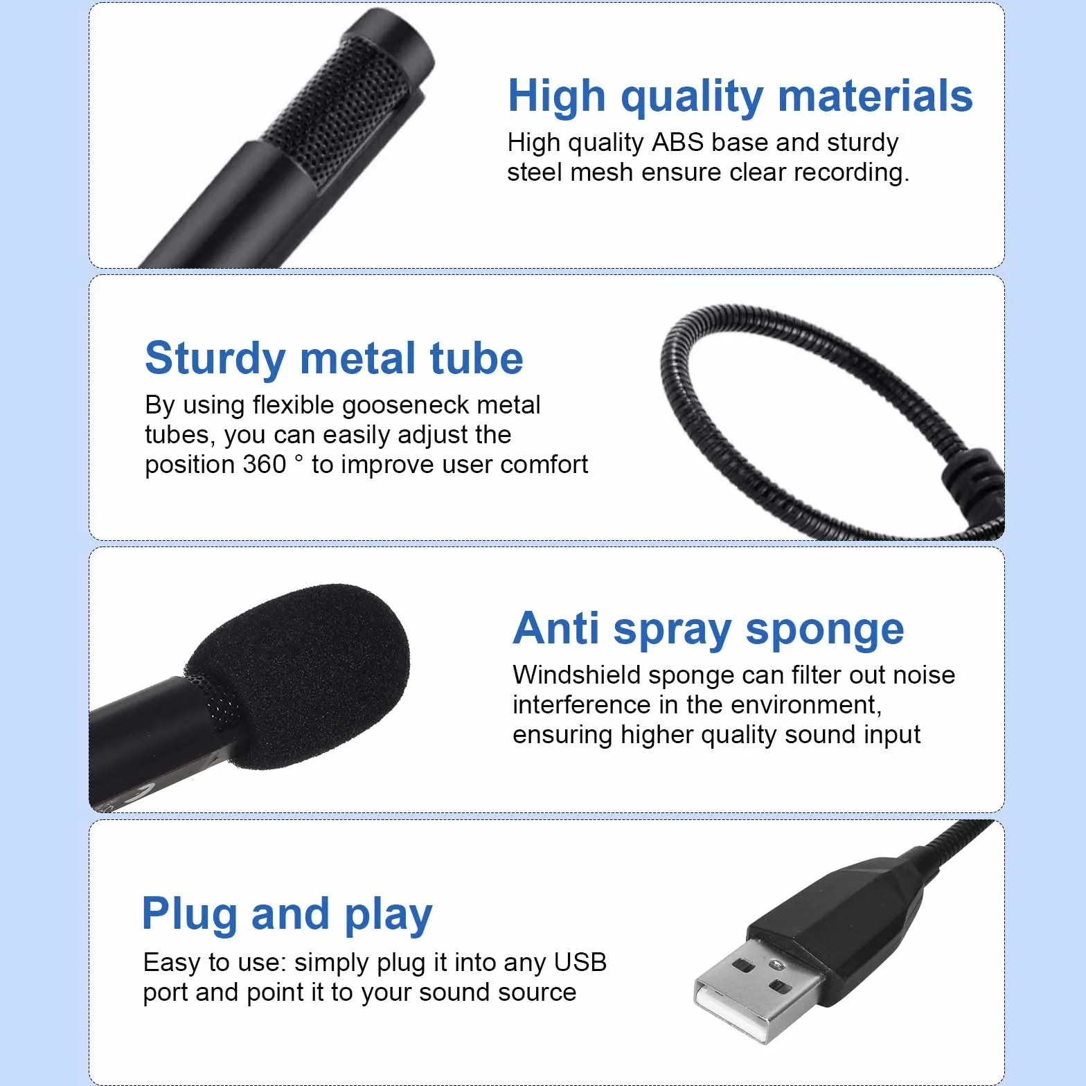 Mikrofon USB do laptopa PC, wielokierunkowy mikrofon pojemnościowy z elastyczną regulacją w zakresie 360° do nagrywania, czatu online, gier, YouTube, podcastów, Plug & Play