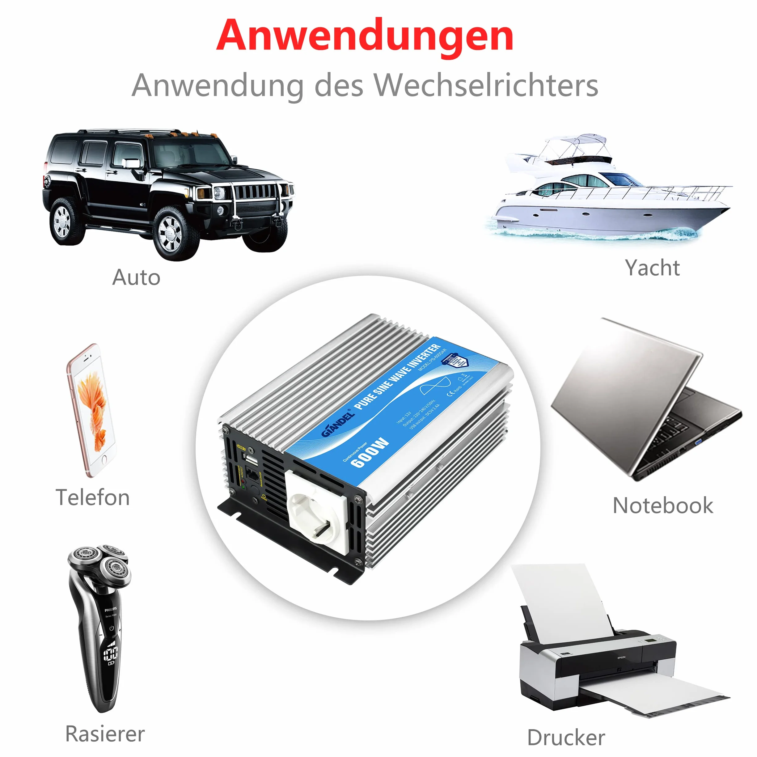 Przetwornica napięcia sinusoidalnego 600 W, 12 V na 230 V, z pilotem zdalnego sterowania i portem USB, do laptopa, aparatu, smartfona GIANDEL Silver