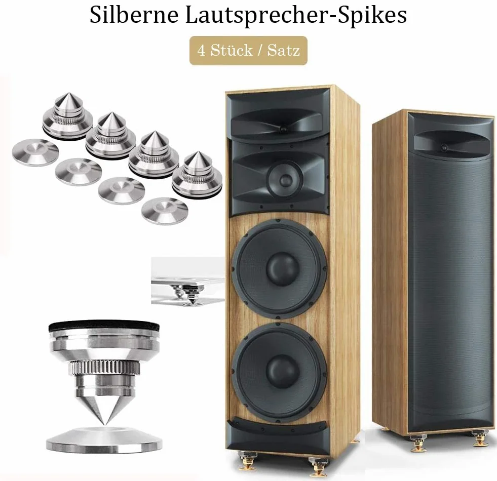 4 sztuki kolców głośnikowych z regulacją wysokości ze stali nierdzewnej HiFi amortyzator nóżek do subwoofera, gramofonu, wzmacniacza CD DVD, kolor srebrny