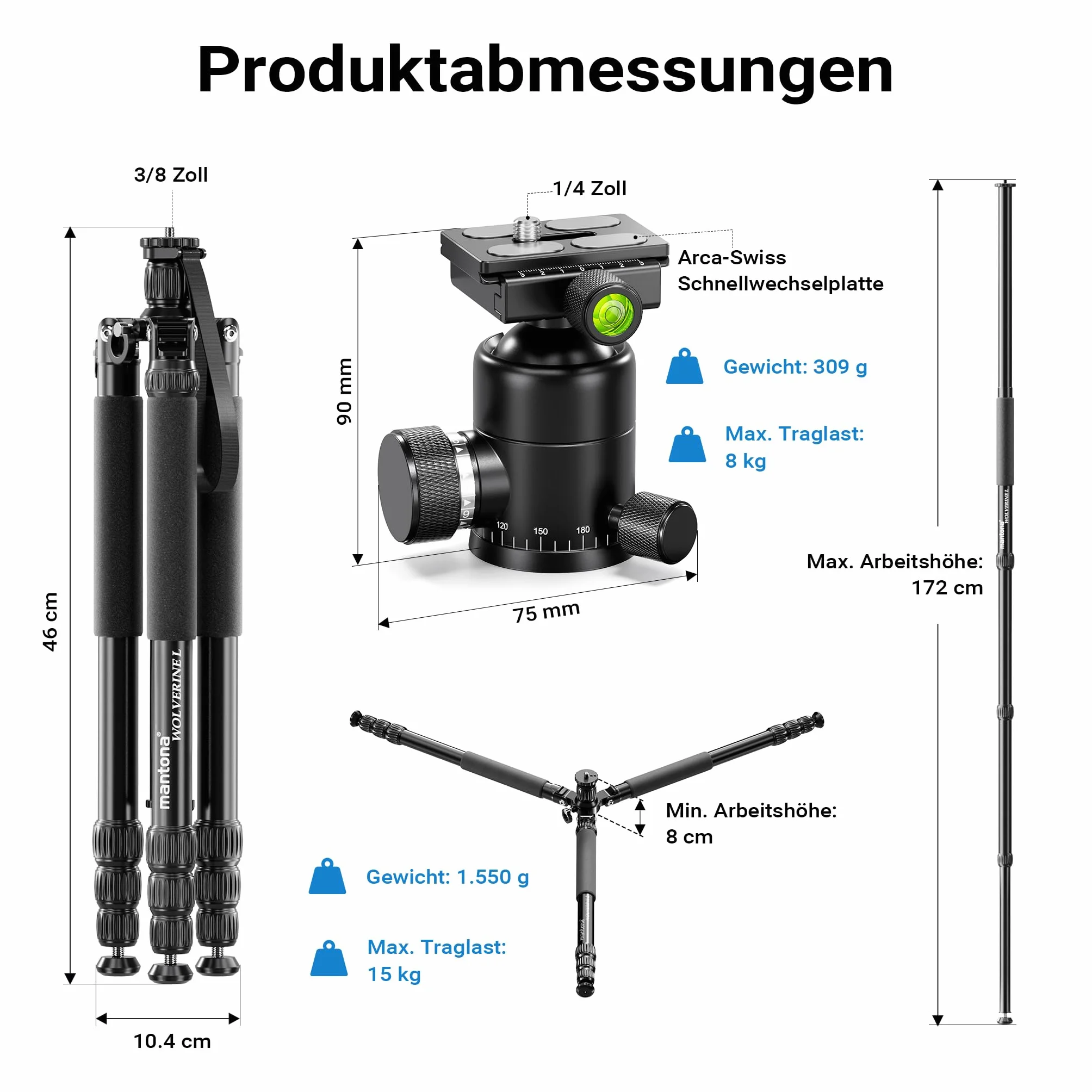 Mantona Wolverine L 284 + Onyx 8 – zestaw statywu fotograficznego z głowicą kulową z aluminium i kompatybilną płytką szybkiej wymiany