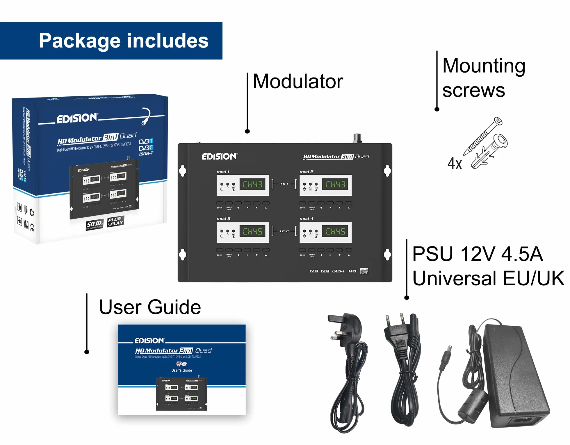 EDISION HDMI MODULATOR 3in1 QUAD, Modulator RF 4x HDMI do naziemnego DVB-T, ISDB-T lub kabel DVB-C MPEG4, 3 DO WYBORU SYGNAŁY modulacji, Dystrybucja Full HD przez kabel koncentryczny, Podłącz i graj