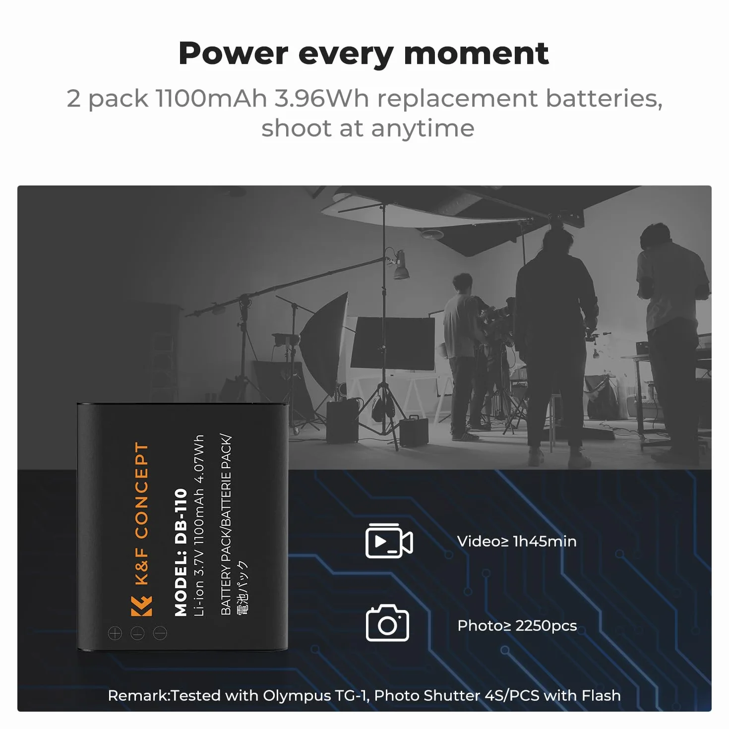 Zestaw 2 baterii K&F CONCEPT Ricoh DB-110 o pojemności 1100 mAh z ładowarką LCD z dwoma gniazdami, kompatybilny z Ricoh GR III, GR IIIx, Theta X, WG-6, G900 II, G900SE II, kompatybilny z Olympus TG7/6