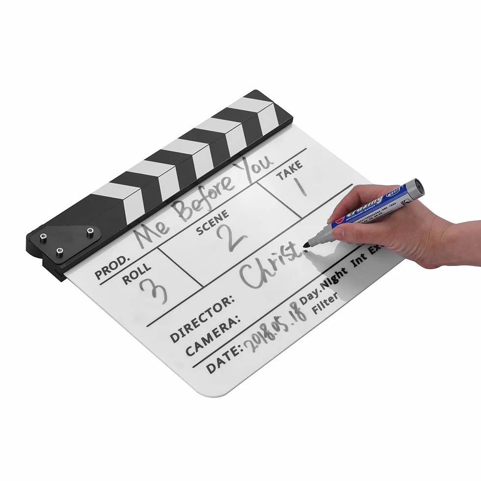 Wakects Profesjonalna Akrylowa Klapsa Clapperboard z Pisakiem i Gumką do Filmów Telewizji Reklam (Biały i czarny kij)
