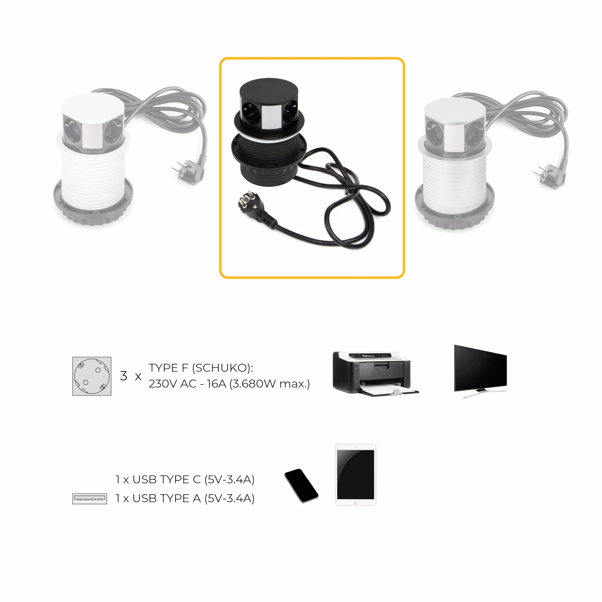 Emuca - Listwa zasilająca z gniazdkami Vertikal Push średnica 100 mm, 3 wtyczki typu Schuko, 1 USB typu A, 1 USB typu C, Stal i Plastik, Malowane na czarno