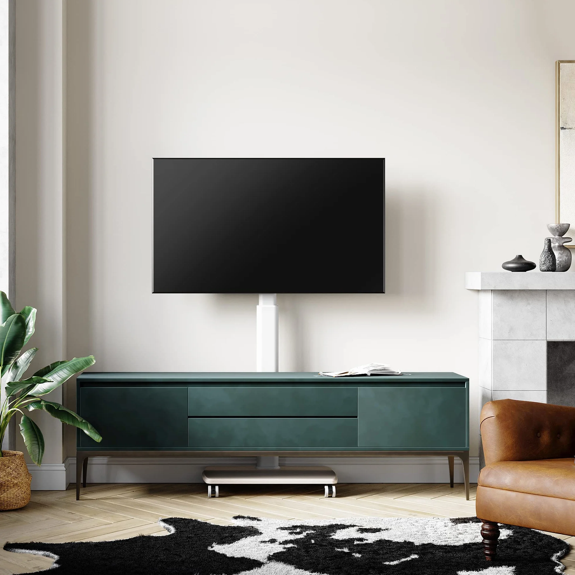 FITUEYES Biały stojak na telewizor na kółkach z 20mm drewnianą podstawą na telewizory 32–70 cali, mobilny wózek na telewizor z obrotem 60° i 6 regulowanymi wysokościami, maks. VESA 600x400mm, uchwyt