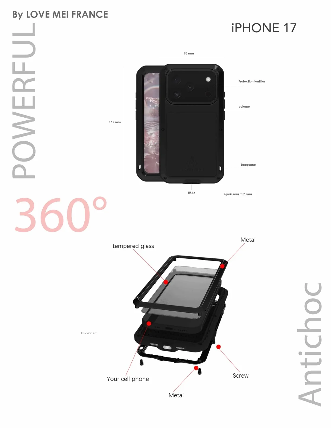 LOVE MEI Odporna na wstrząsy i wodoodporna obudowa dla iphone 17 pełna aluminium 360 Francja czarna