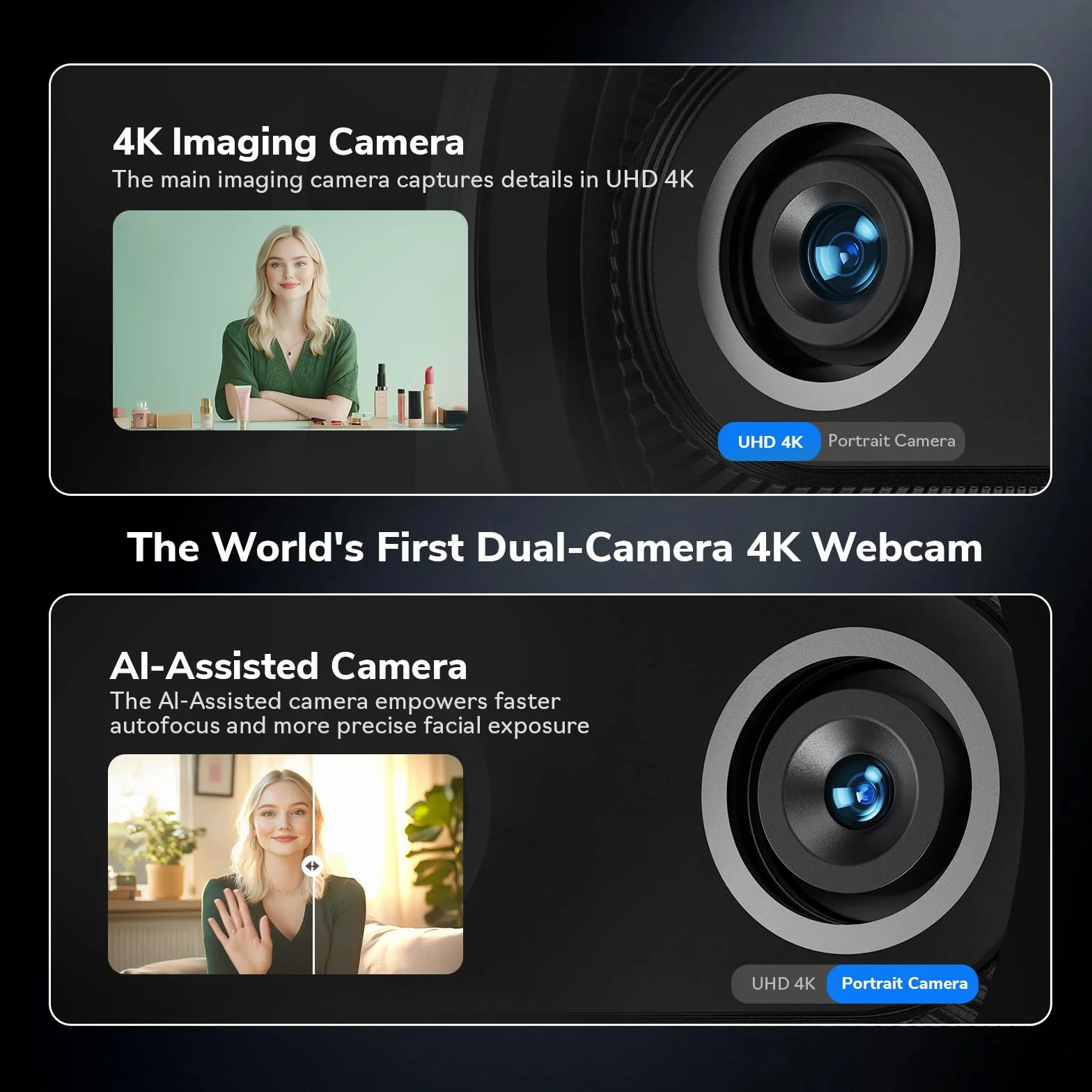EMEET Piko+ kamera internetowa 4K, pierwsza na świecie kamera internetowa 4K z podwójnym aparatem i autofokusem AI, z czujnikiem Sony 1/2,55", 3 mikrofony i 3 tryby dźwięku, osłona danych Panda