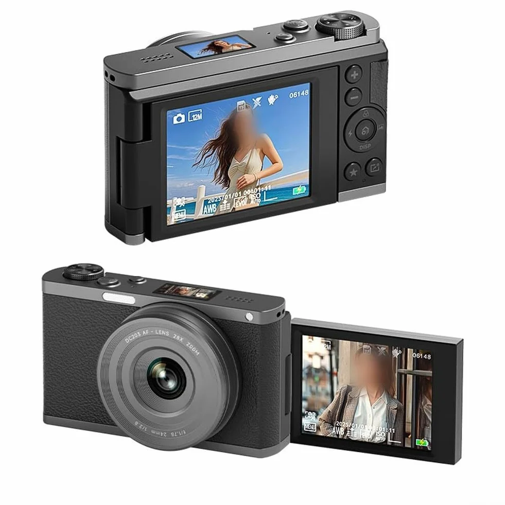 Aparat cyfrowy 4K 68 MP z 28-krotnym zoomem (tekstura Lychee) | i obracany o 180° ekran, podwójny obiektyw AF/MF do tworzenia treści, podróży i nagrywania wideo