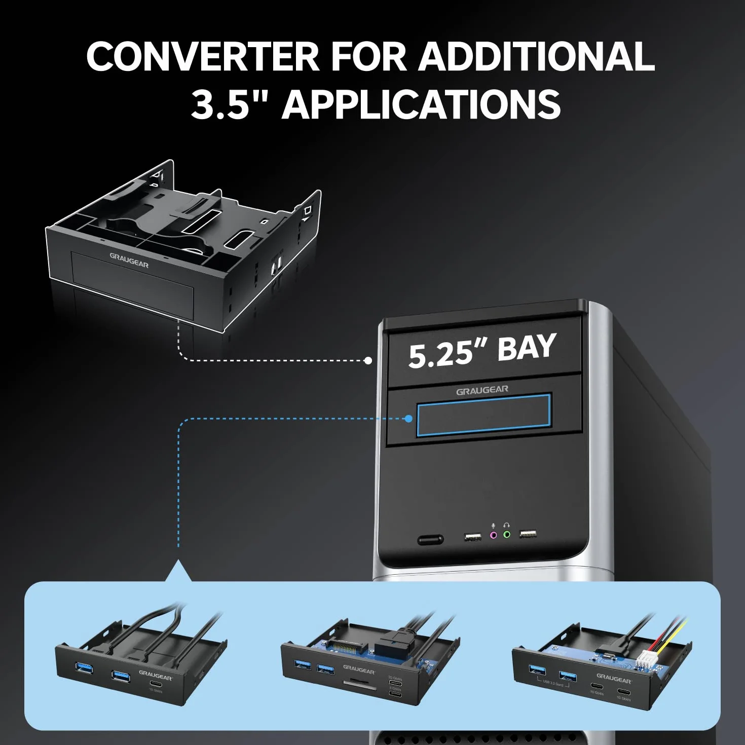 GRAUGEAR | ramka montażowa do 2 x 2,5 cala HDD/SSD i 1 x 3,5-calowych dysków HDD na 5,25 cala | osłona przednia 5,25" | G-CV-235T525