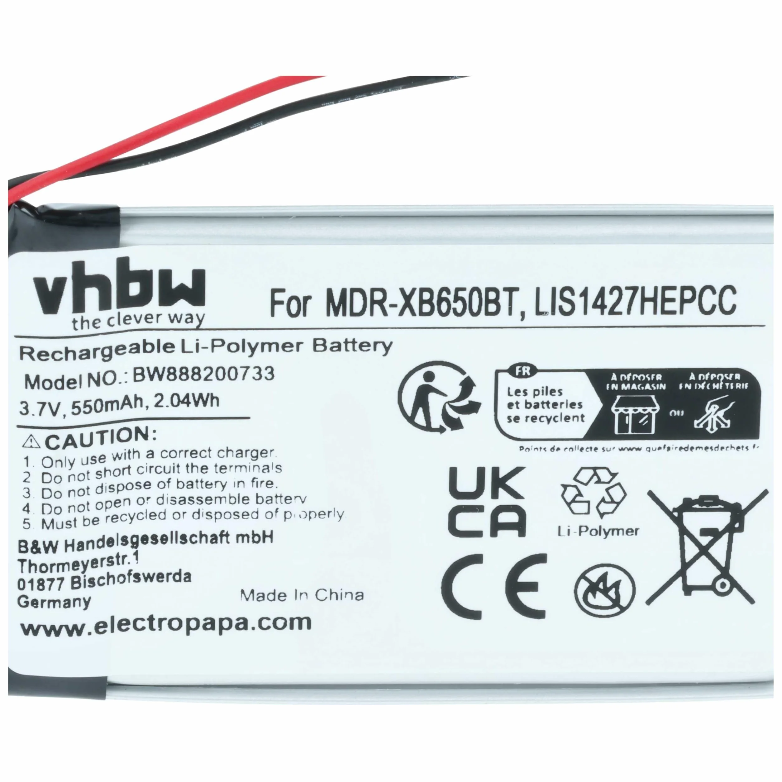 vhbw Bateria zamienna kompatybilna z bezprzewodowymi słuchawkami Sony NWZ-E463, NWZ-E464, NWZ-S764 (550 mAh, 3,7 V, litowo-polimerowy)