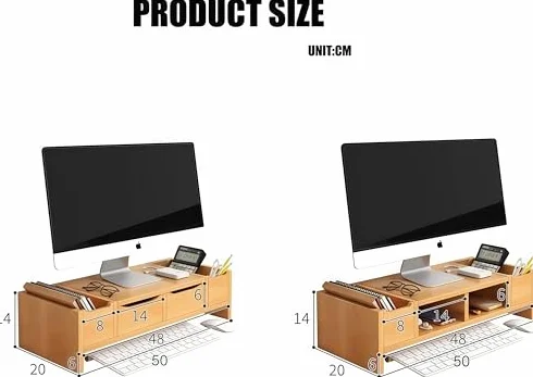 2-poziomowy drewniany stojak na monitor z szufladą – oszczędność miejsca na komputer i telewizor z płaskim ekranem, idealny do domowego biura i konfiguracji gier