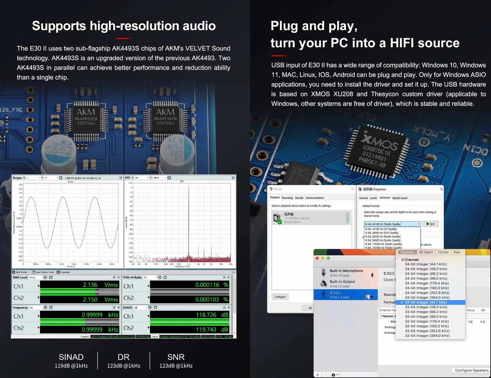 Topping E30 II DAC HiFi 2 x AK4493S Wzmacniacz trybu bezpośredniego dekodowania dla wejść USB/Coax/Opt PCM 32bit 768kHz DSD512 Native Srebro