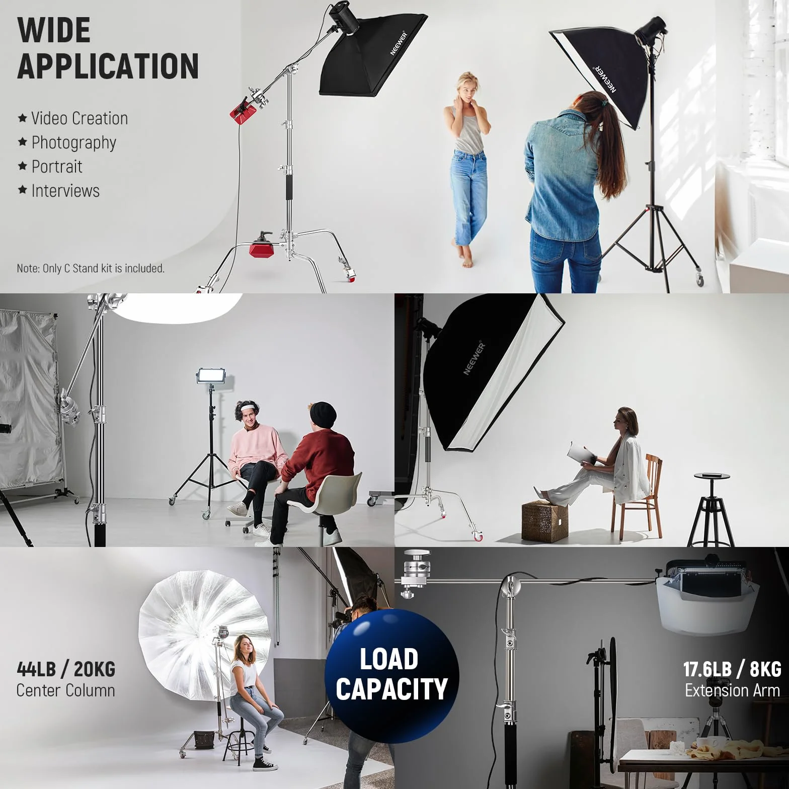 NEEWER Wytrzymały stojak ze stali nierdzewnej C z kółkami obrotowymi, 43"-73"/110-186 cm, stojak na światło fotograficzne z ramieniem wysięgnika 33"/83 cm, 2 głowice chwytne do Studio Monolight,