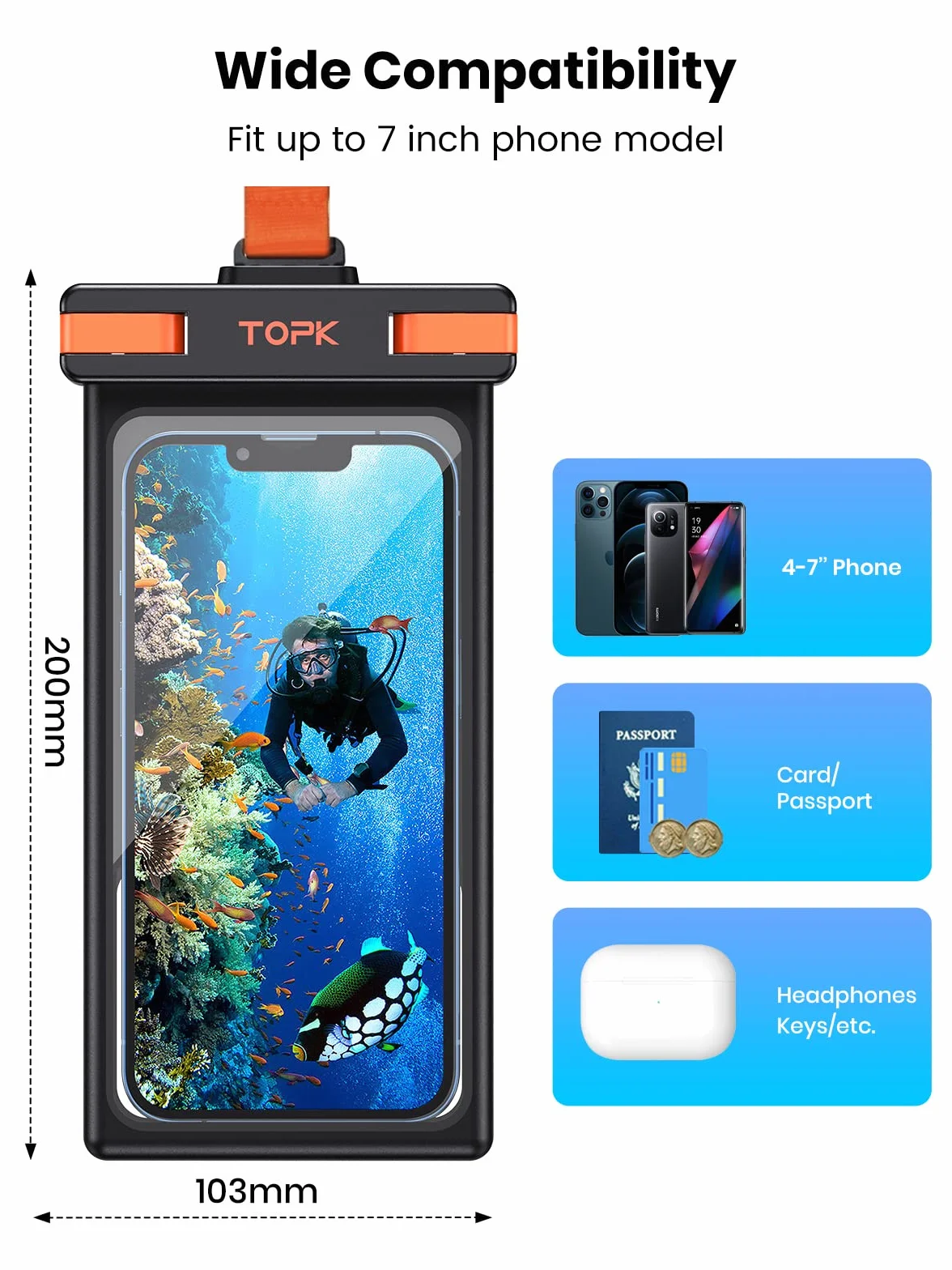 TOPK Wodoodporne etui na telefon, wodoodporność IPX8, kompatybilne z iPhone’em 14, 13, 12, 11, Pro, Max, Xs, Plus, Samsung Galaxy S22, kolor czarny, 2-pak