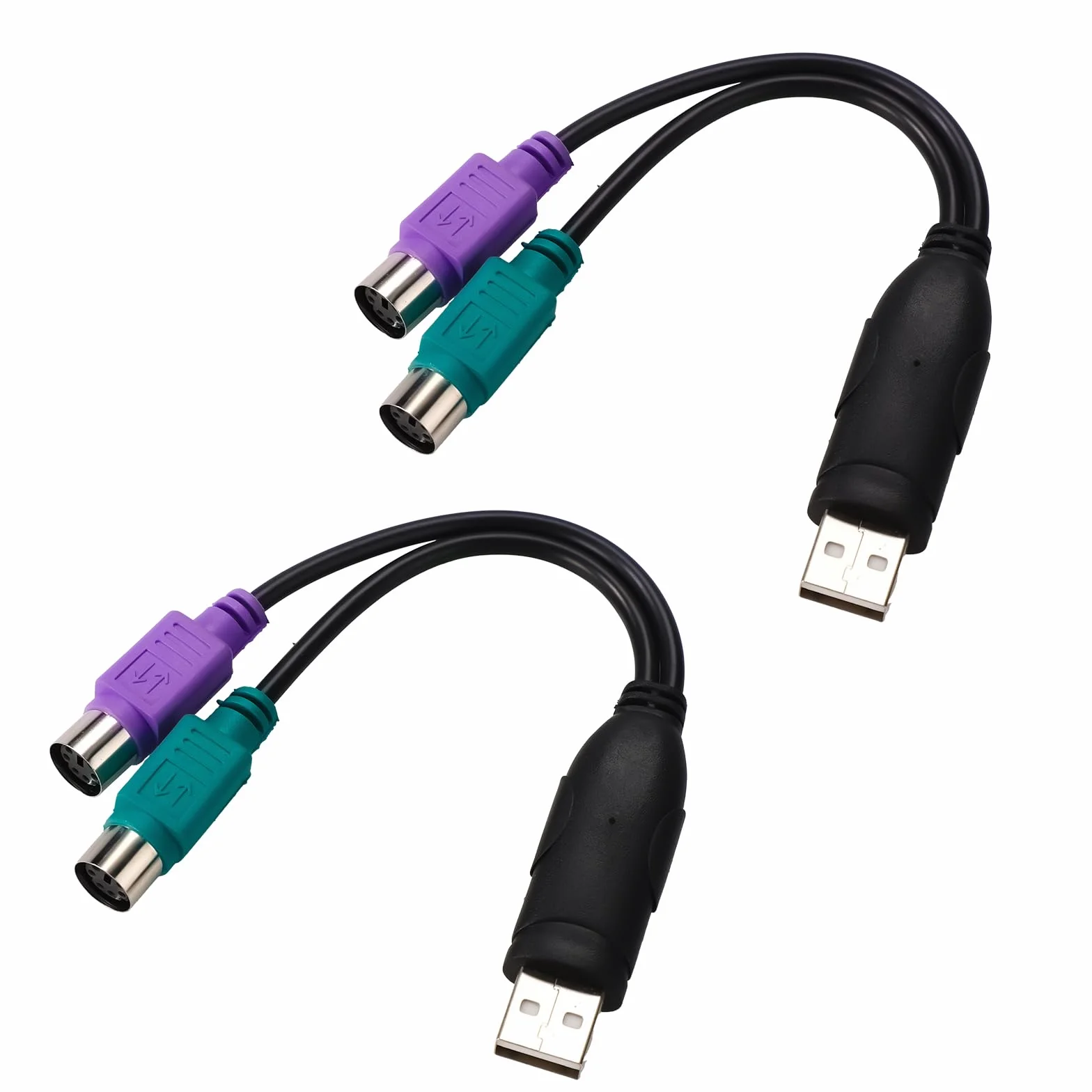 2szt Adapterów PS2 do USB, 18,9cm Długości Konwerter Klawiatury i Myszy PS/2 na USB (Porty Fioletowe i Zielone)