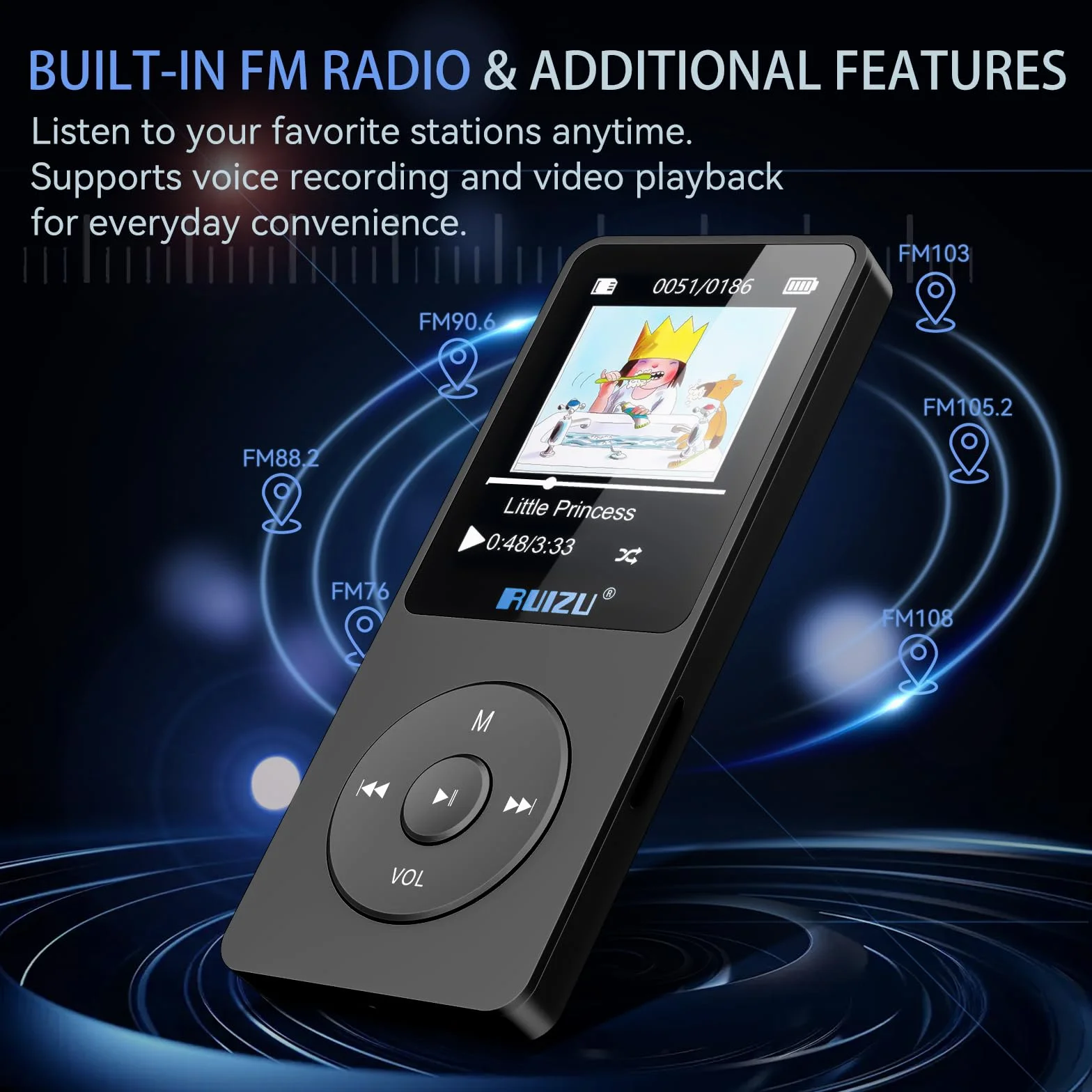 RUIZU 64GB odtwarzacz MP3 z Bluetooth 5.3, 1,8-calowy ekran, przenośny odtwarzacz muzyki, radio FM, nagrywanie głosu, 80H odtwarzanie audio i wideo, obsługa 128GB, kolor czarny