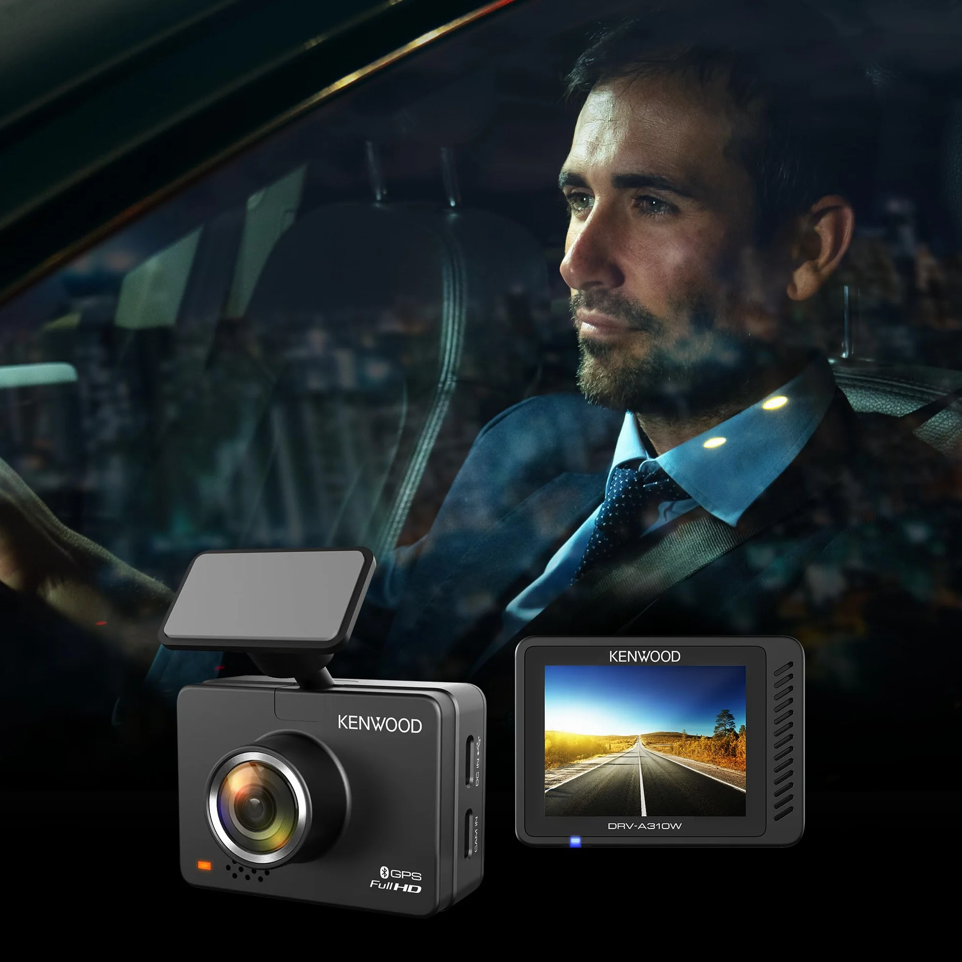 KENWOOD DRV-A310W, kamera na desce rozdzielczej z 2,0-calowym wyświetlaczem LCD, nagrywanie w wysokiej rozdzielczości i połączenie bezprzewodowe, czarna