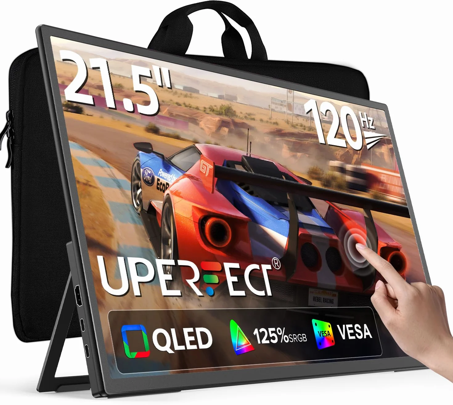 UPERFECT 54,6 cm (21,5") 120Hz QLED Monitor z ekranem dotykowym przenośny, 125% SRGB 2000:1 Wyświetlacz matowy 1080P z regulowanym uchwytem 180° USB C HDMI dla laptopa/konsoli do gier/smartfona/PC