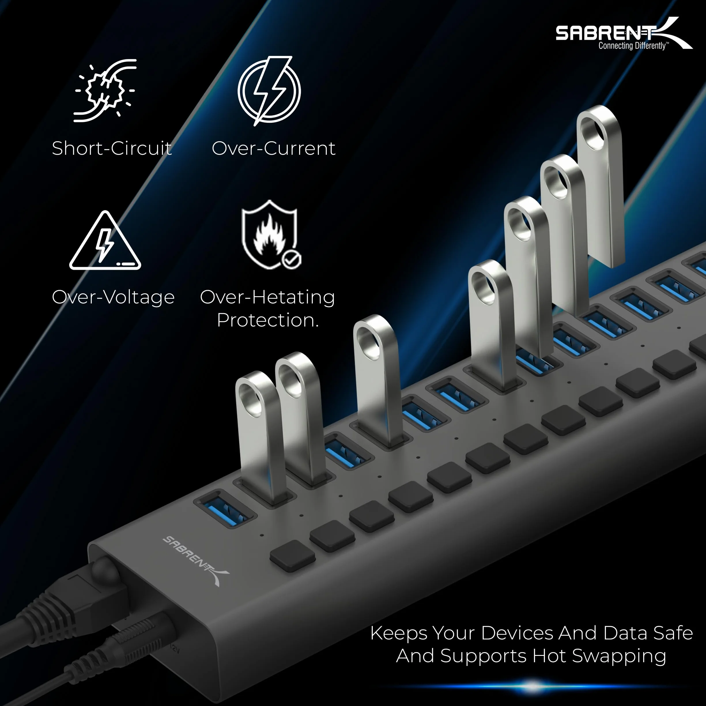 SABRENT Zasilany koncentrator USB, 16-portowa stacja dokująca USB 3.2 z indywidualnymi przełącznikami i diodami LED, koncentrator szybkiego ładowania i szybkiego ładowania 90 W, uchwyt montażowy w