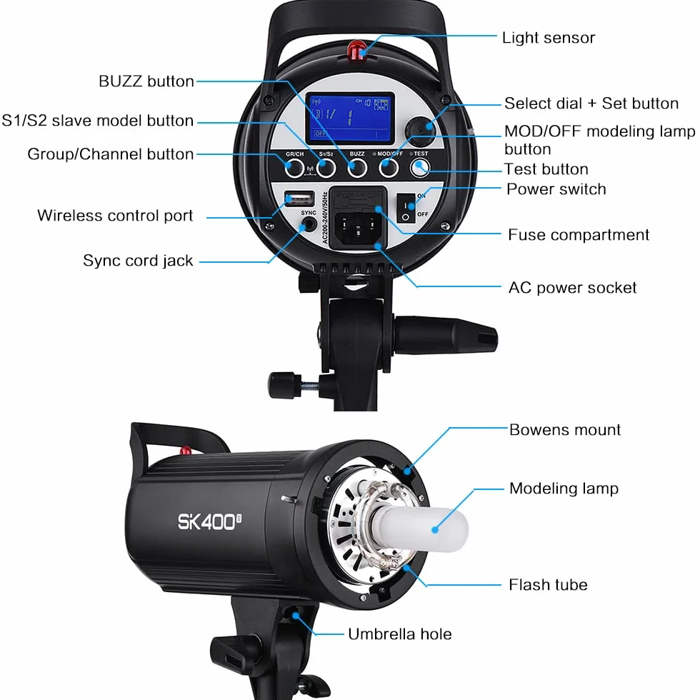 Godox SK400II Profesjonalna, kompaktowa lampa błyskowa 400 W, zintegrowany system Godox 2,4 G, Wireless-X, GN65 5600 K, z lampą nastawczą 150 W, do portretów produktów e-commerce, fotografii