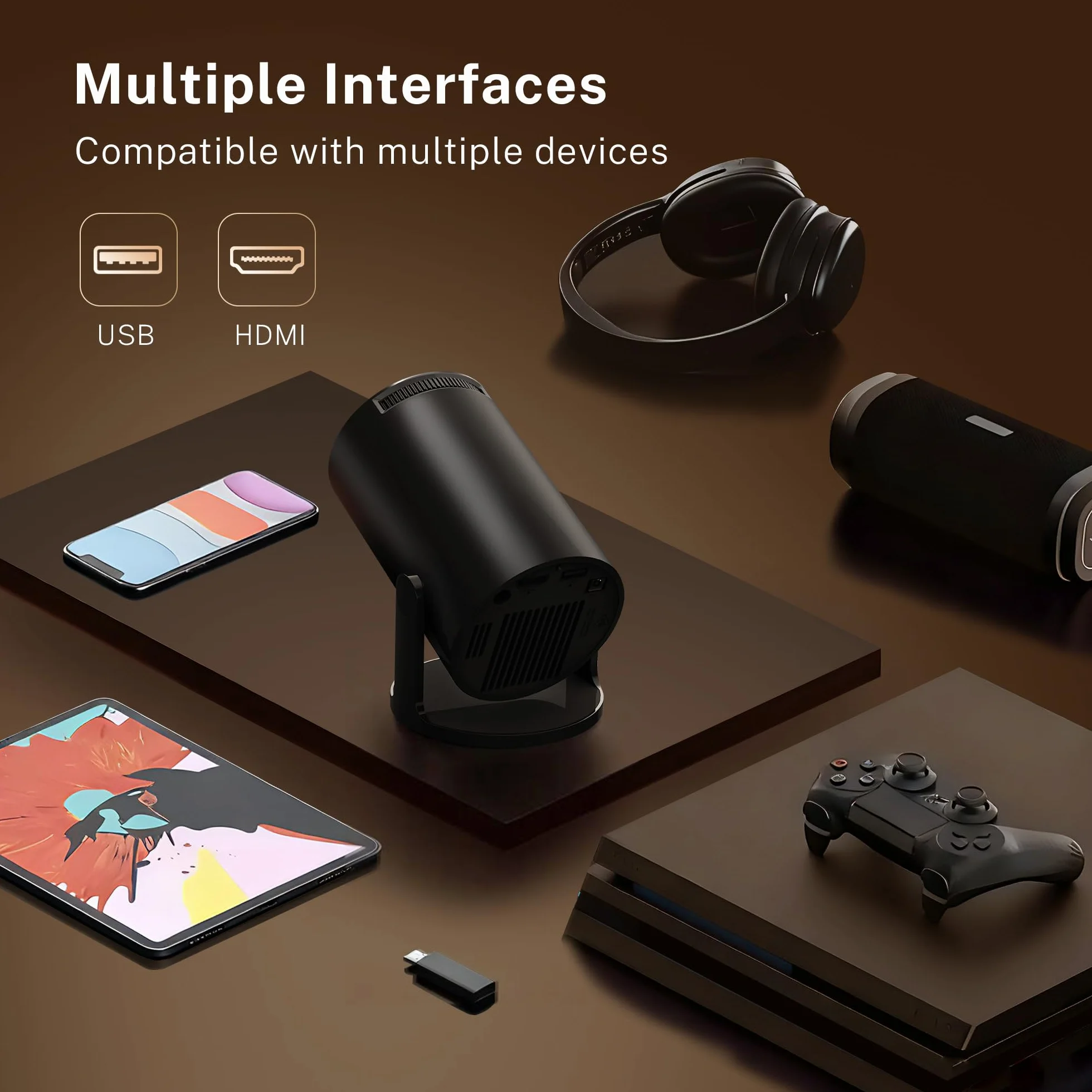 Mini projektor ze zintegrowanym WiFi i Bluetooth, Android 14, 1080P 4K, przenośny projektor z obrotem 180°, wersja HY300pro+ do użytku domowego i zewnętrznego LYNCAST X1
