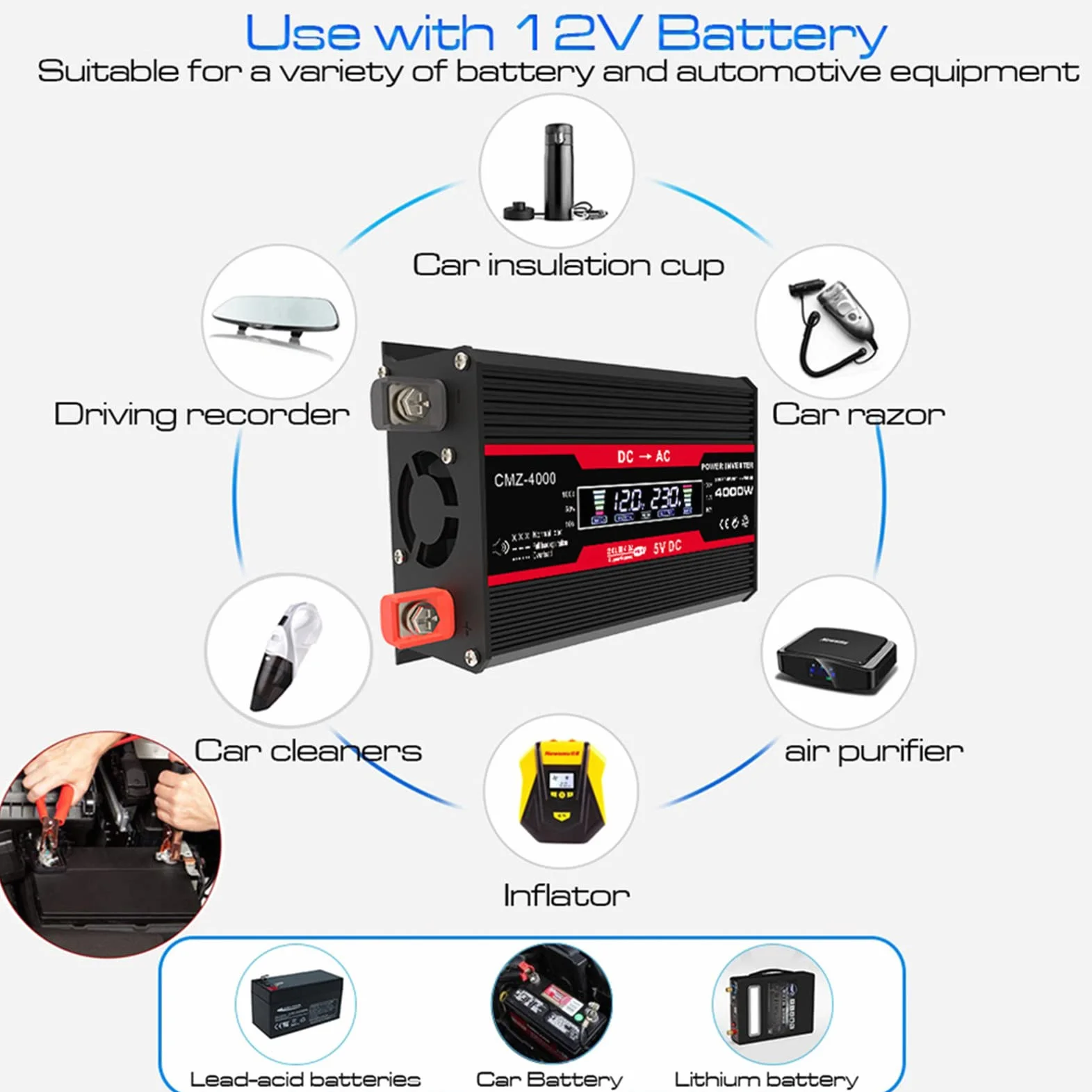 Przetwornice Mocy 300 W, Przetwornica Napięcia Samochodowego 12 V do 110 V 220 V AC Konwerter z 2 Falownikami USB i Zapalniczką Samochodową do Ciężarówki,Black-110V