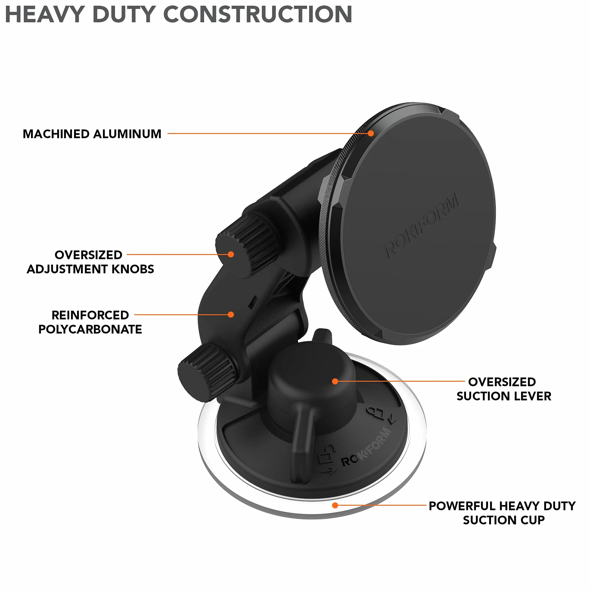 Rokform - Regulowany magnetyczny uchwyt na telefon do przedniej szyby, kompatybilny z obudowami Rokform i etui na telefon MagSafe, mocna przyssawka, nachylenie o 210°, obrót o 360°
