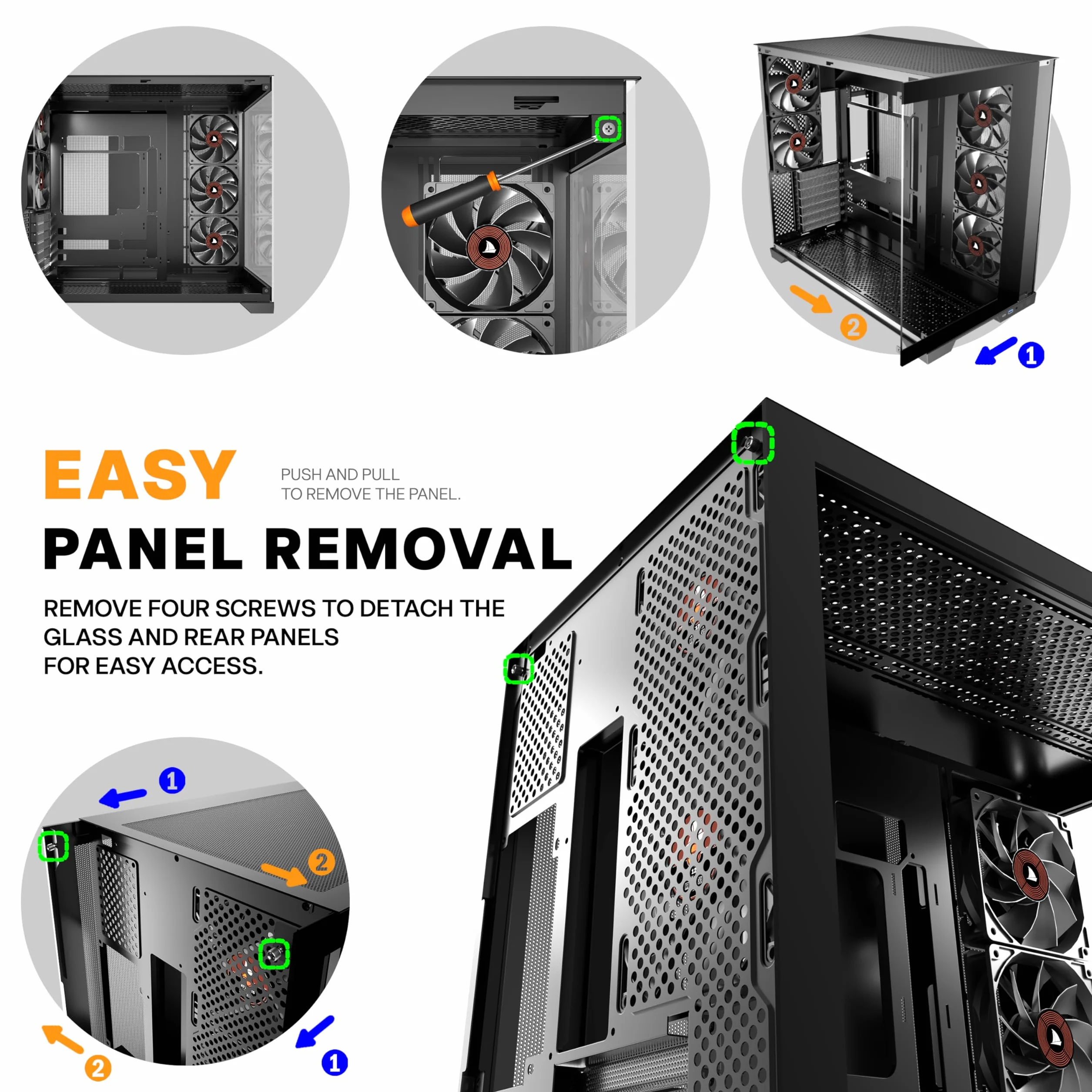 KEDIERS Obudowa PC, 5 fabrycznie zainstalowanych wentylatorów, obudowa do gier ATX Mid Tower - obudowa komputera z otwartą częścią boczną ze szkła hartowanego w kolorze czarnym