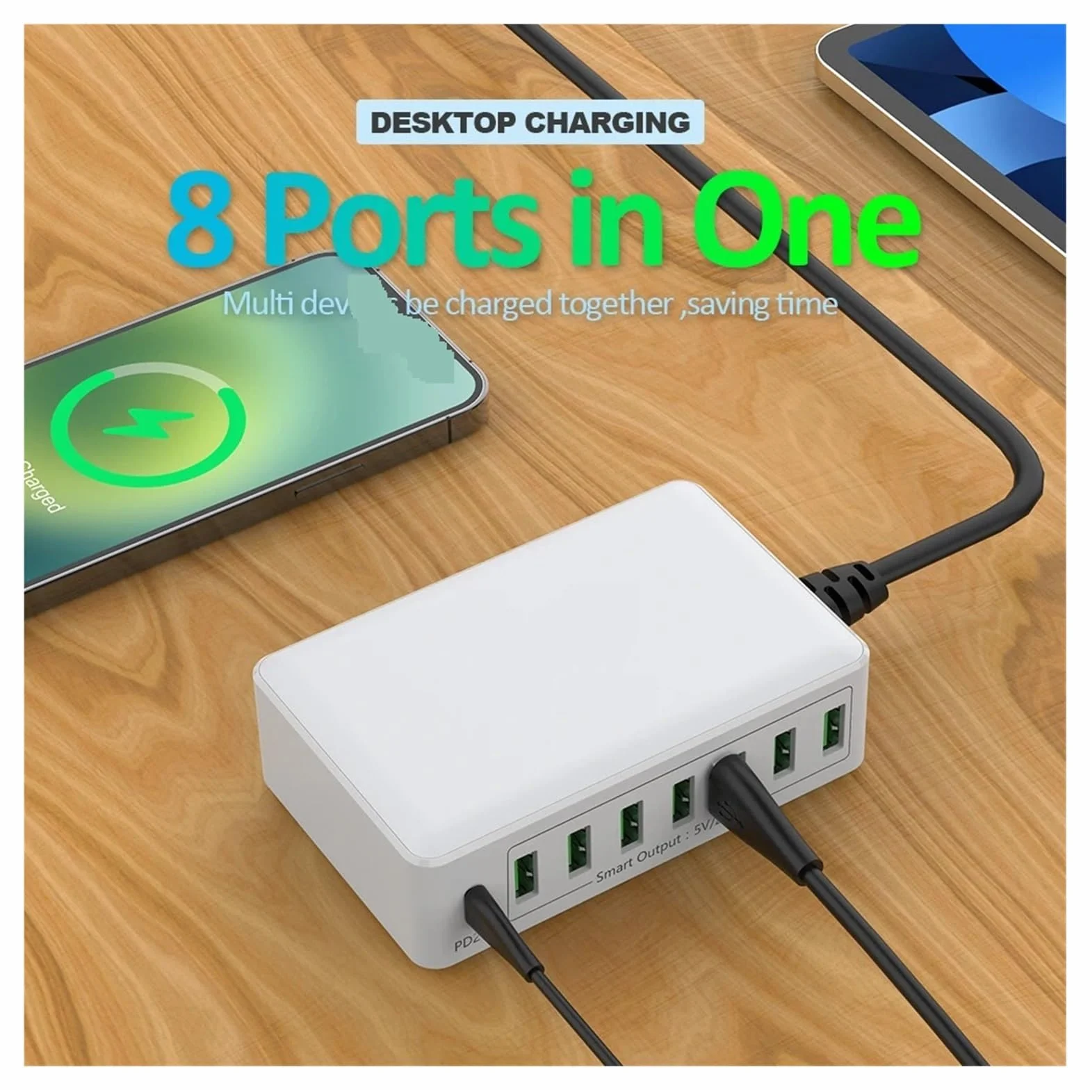 40/60 W 8-portowy Koncentrator Szybkiej Ładowarki USB Inteligentne Szybkie Ładowanie Stacja Ładująca Multi Telefon Komórkowy Pulpit Home MożLiwość Szybkiego łAdowania(Black 60W)