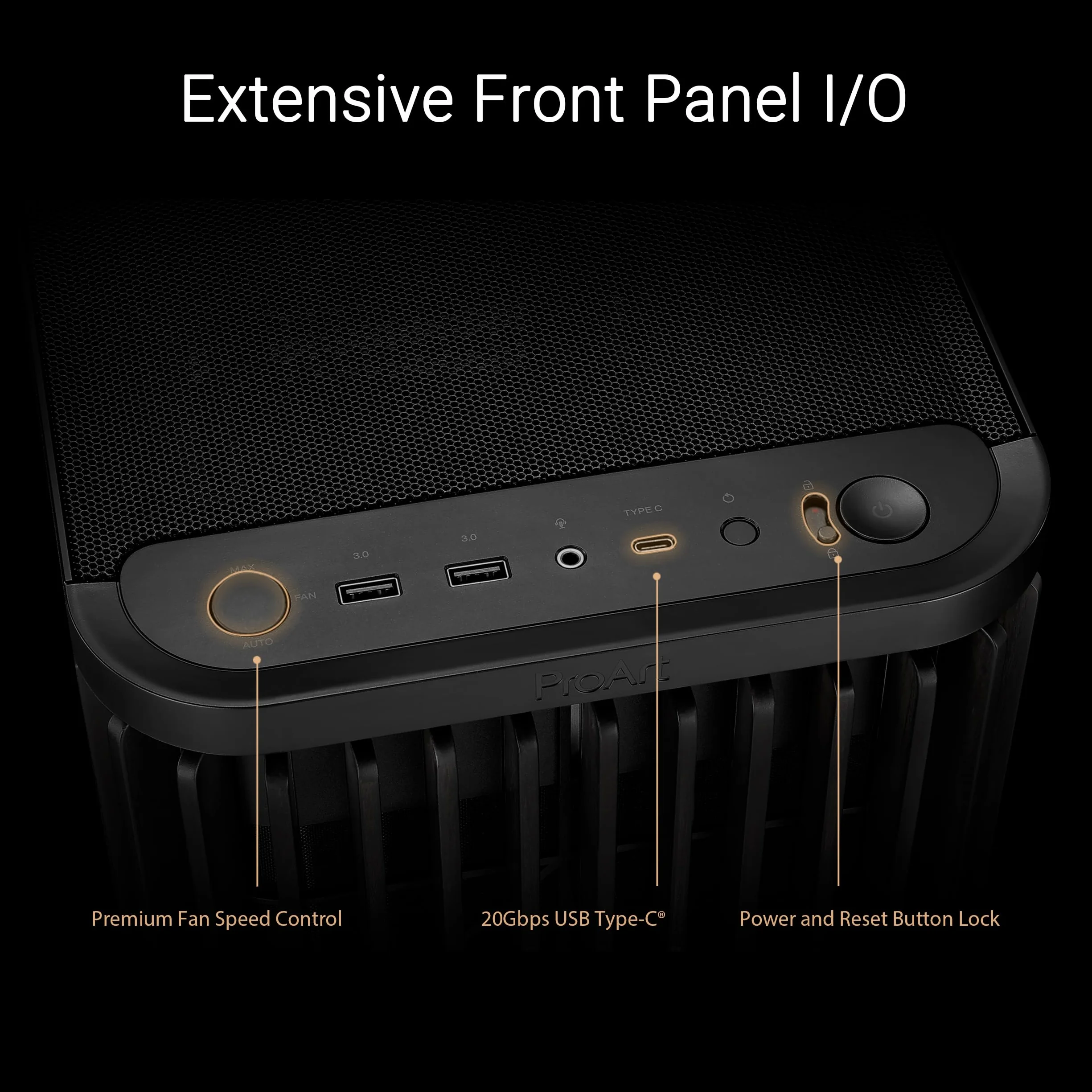 ASUS ProArt PA401 Wood Edition, Obudowa PC ATX do średniej wieży, drewniany panel przedni, panel boczny ze szkła hartowanego, 2 wentylatory 160 mm z łopatkami pierścieniowymi, blokada przycisków