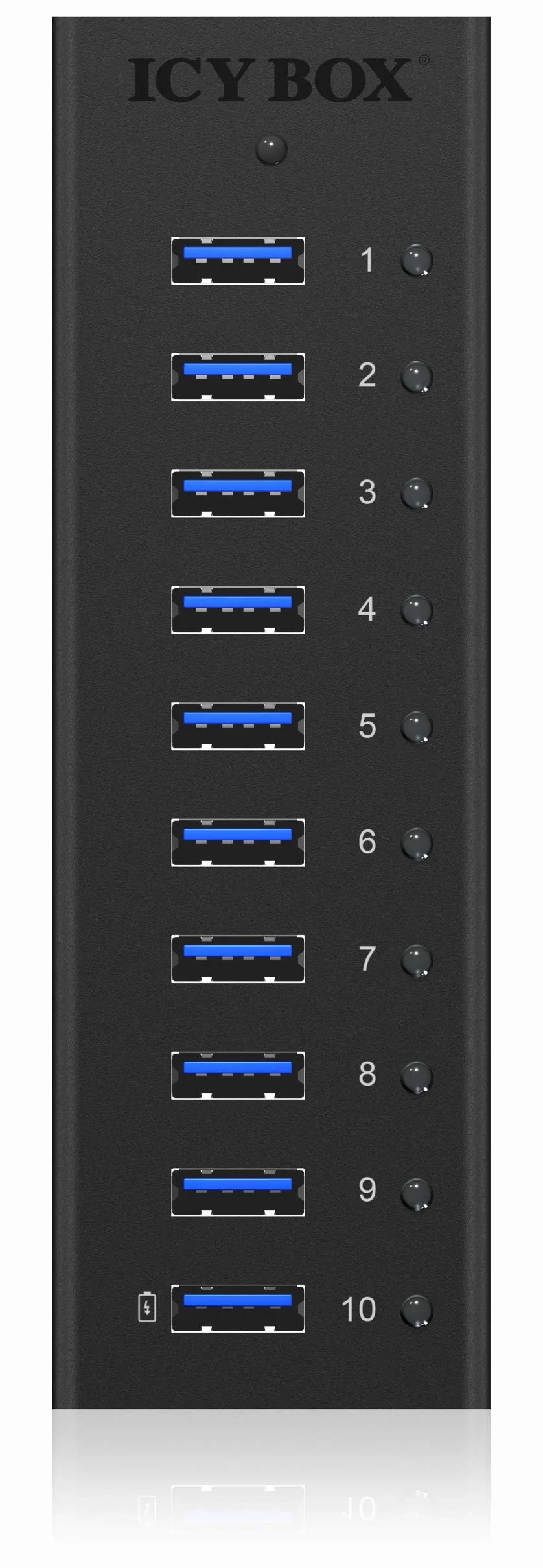 ICY BOX IB-AC6110 10-krotny koncentrator USB 3.0 z zasilaczem (12 V/4 A), port ładowania, w pełni aluminiowy, mocowanie na rzepy, czarny
