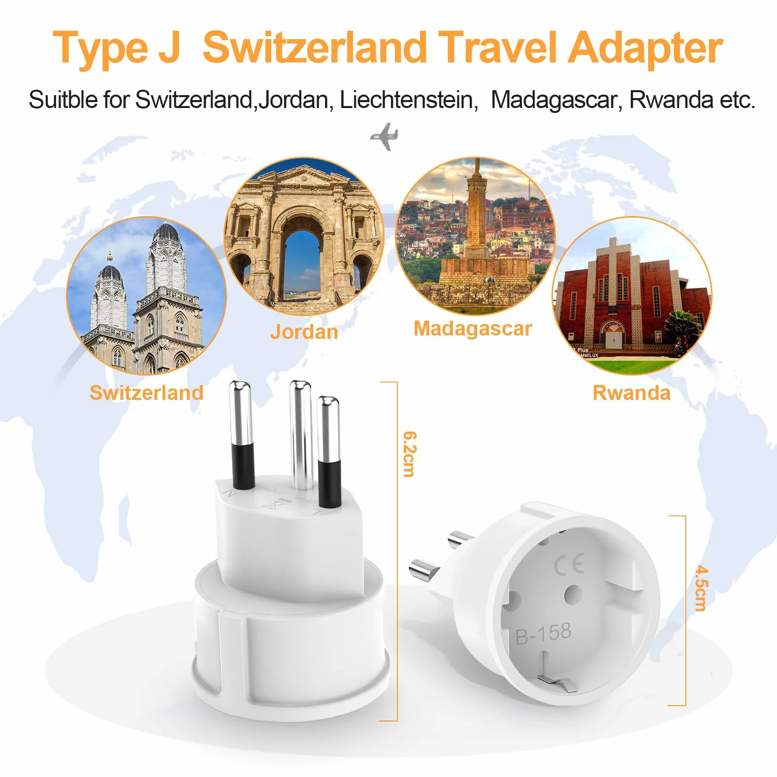 Adapter z wtyczką szwajcarską Francja Szwajcaria, 3 piny z Europy na 3 piny typu J, adapter podróżny z Francji na Szwajcarię, Malediwy, Rwanda, Liechtenstein