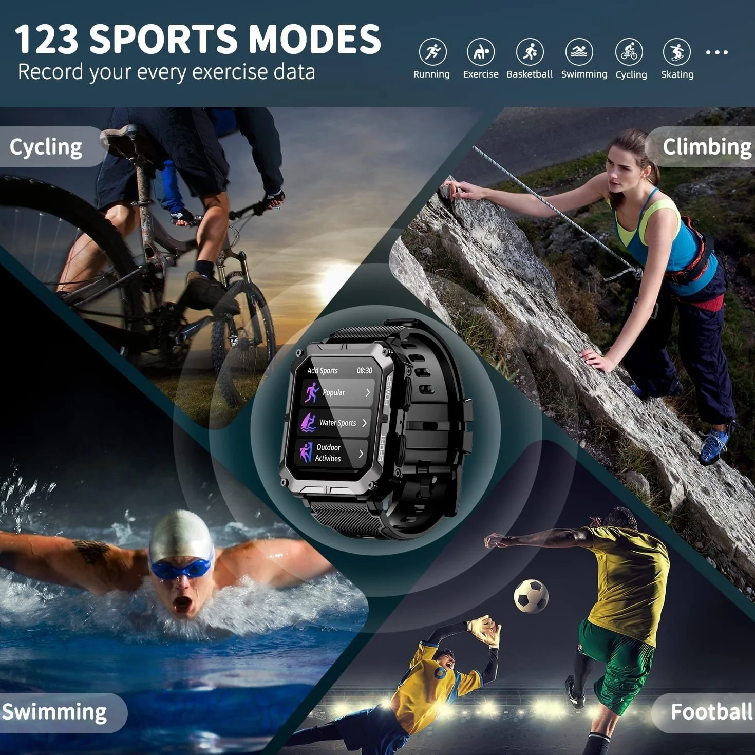 Inteligentny zegarek dla mężczyzn IP68 Wodoodporne połączenia (odbieranie/wybieranie połączeń) 1,83 '' Zegarek fitness Tracker Tactical dla Androida iOS Outdoor Sports (Color : Black)
