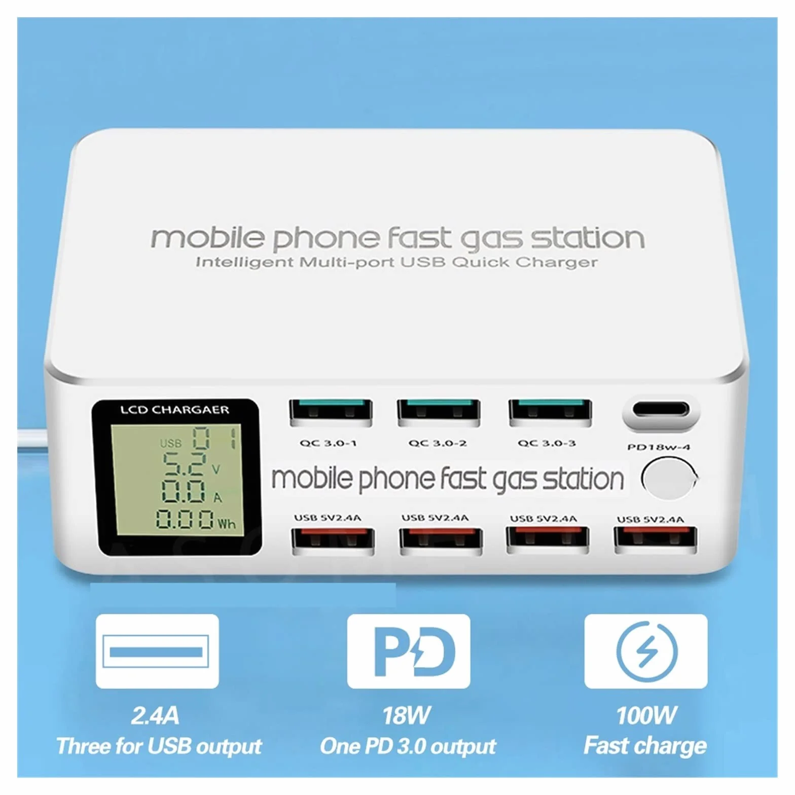 Inteligentna ładowarka USB 8 portów 100W szybkie ładowanie 3.0 PD 3.0 adapter szybkiego ładowania LCD stacja ładująca z wieloma USB do telefonu komórkowego Przenośny