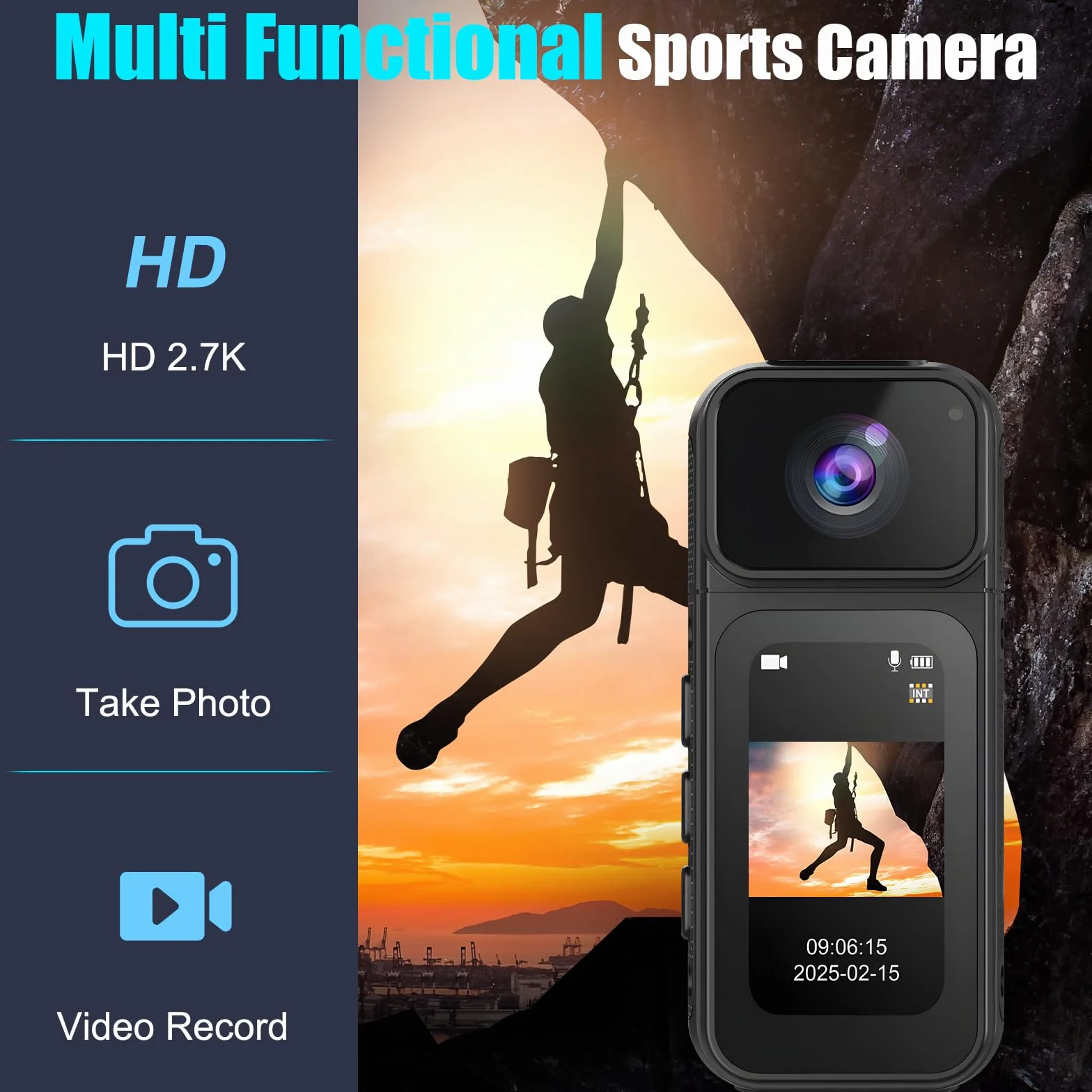 Action Camera 180 ° obrót obiektyw kamera WiFi, 2.7K z 170° szeroki kąt, kamera akcji do kasku i ciała